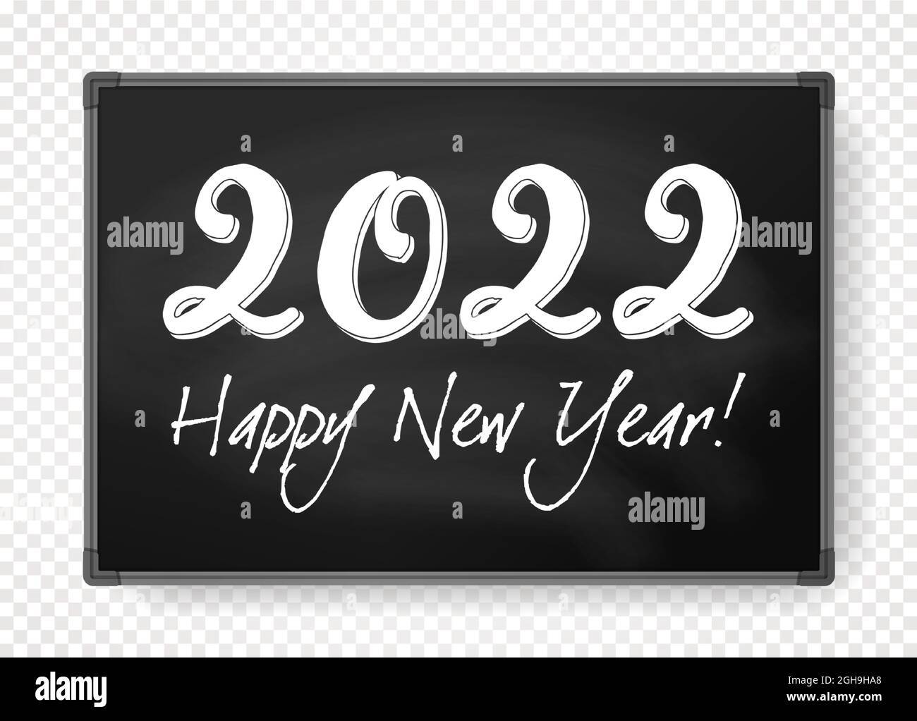 Frohes neues Jahr 2022 Kreide auf schwarzer Schwarzes Schwarzes Schwarzes Schwarzes Schwarzes Schwarzes Brett, Zahlen zum neuen Jahr auf der Tafel des Klassenzimmers, Notizbrett, Text für das Neujahrsbanner Stock Vektor