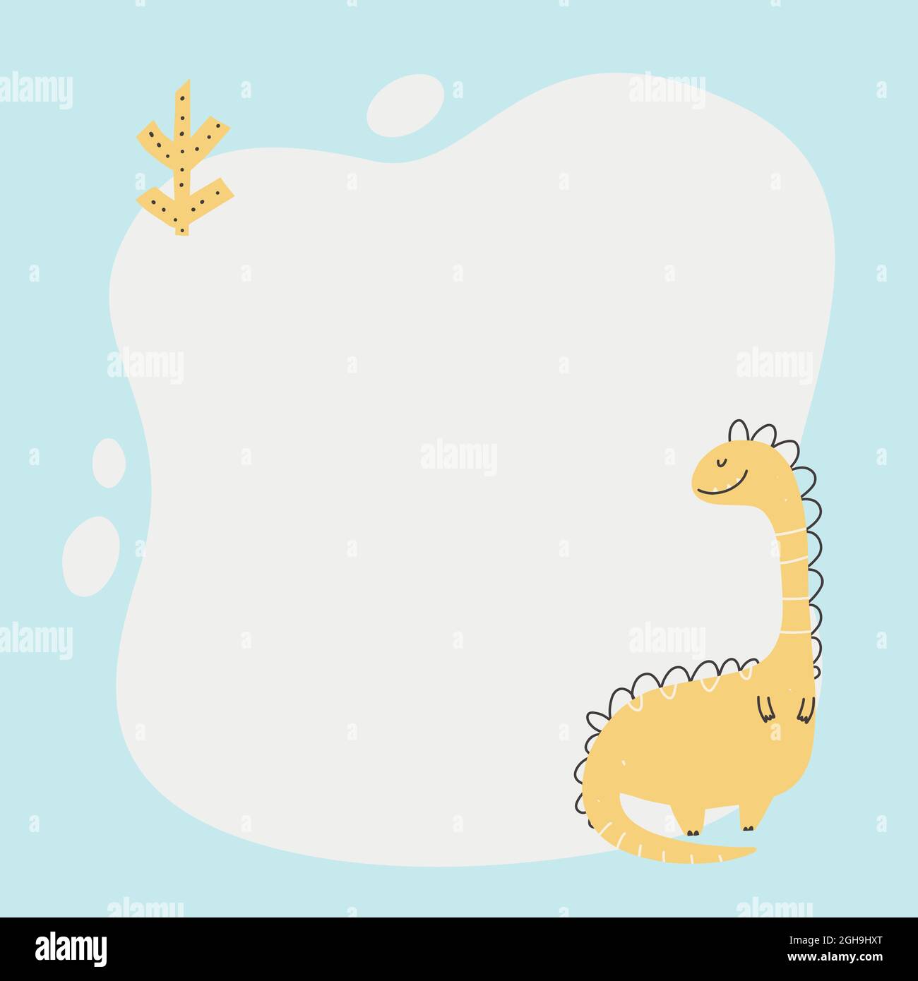 Niedlicher Dinosaurier mit einem Blot-Rahmen im einfachen handgezeichneten Cartoon-Stil. Vorlage für Ihren Text oder Ihr Foto. Ideal für Karten, Einladungen, Partys, Kindergärten Stock Vektor