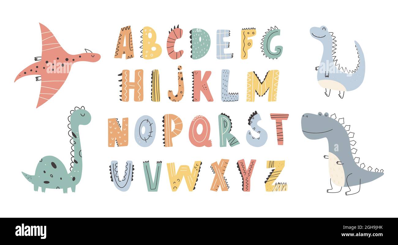 Cute Dinosaurs Sammlung und Alphabet im Cartoon-Stil. Bunte niedliche Baby Illustration ist ideal für ein Kinderzimmer Vektor Illustration Design Ele Stock Vektor