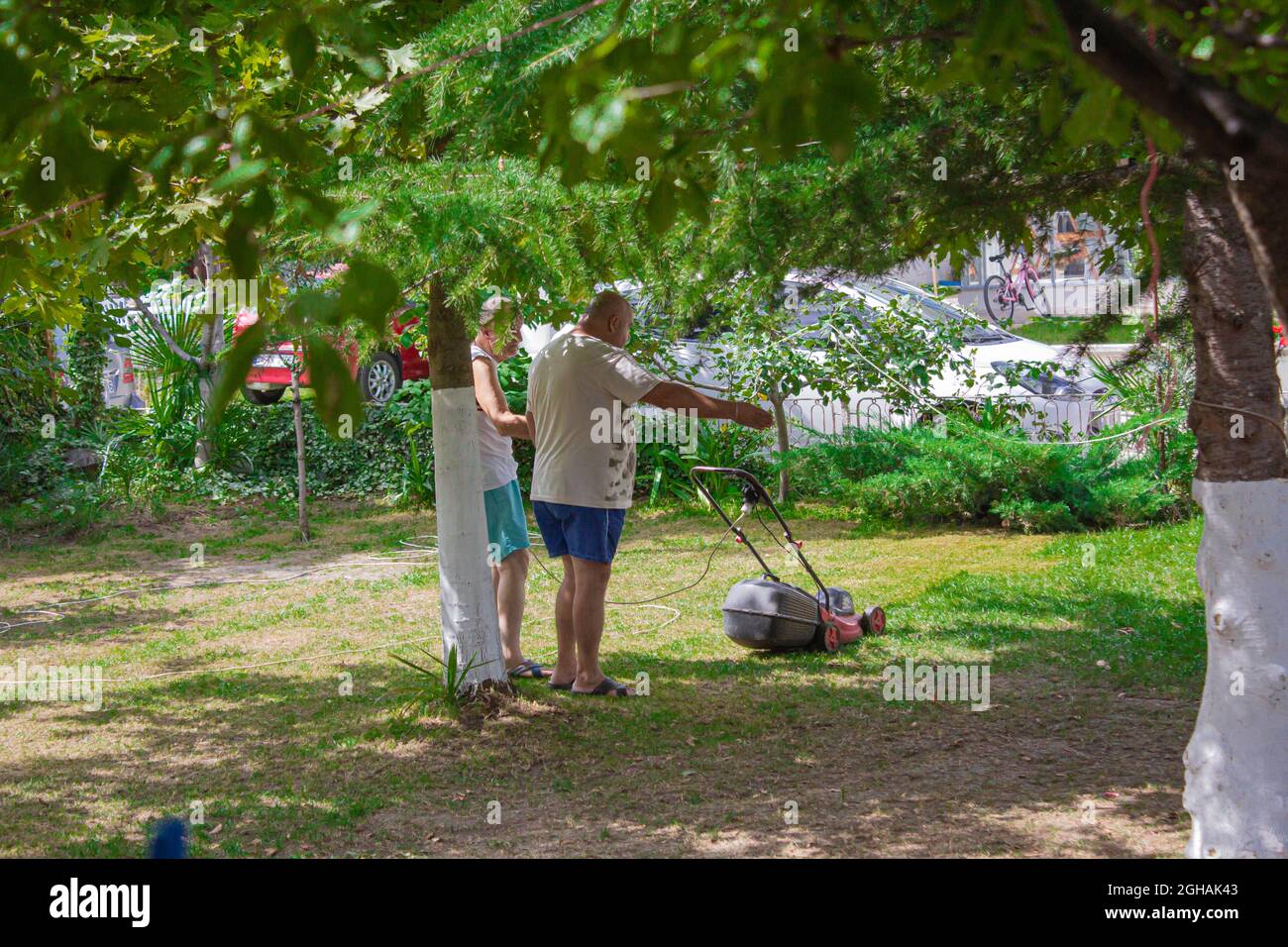 Mann lehrt, wie man das Gras mäht. Älterer Mann, der von seinem Sohn erzogen wird. Stockfoto
