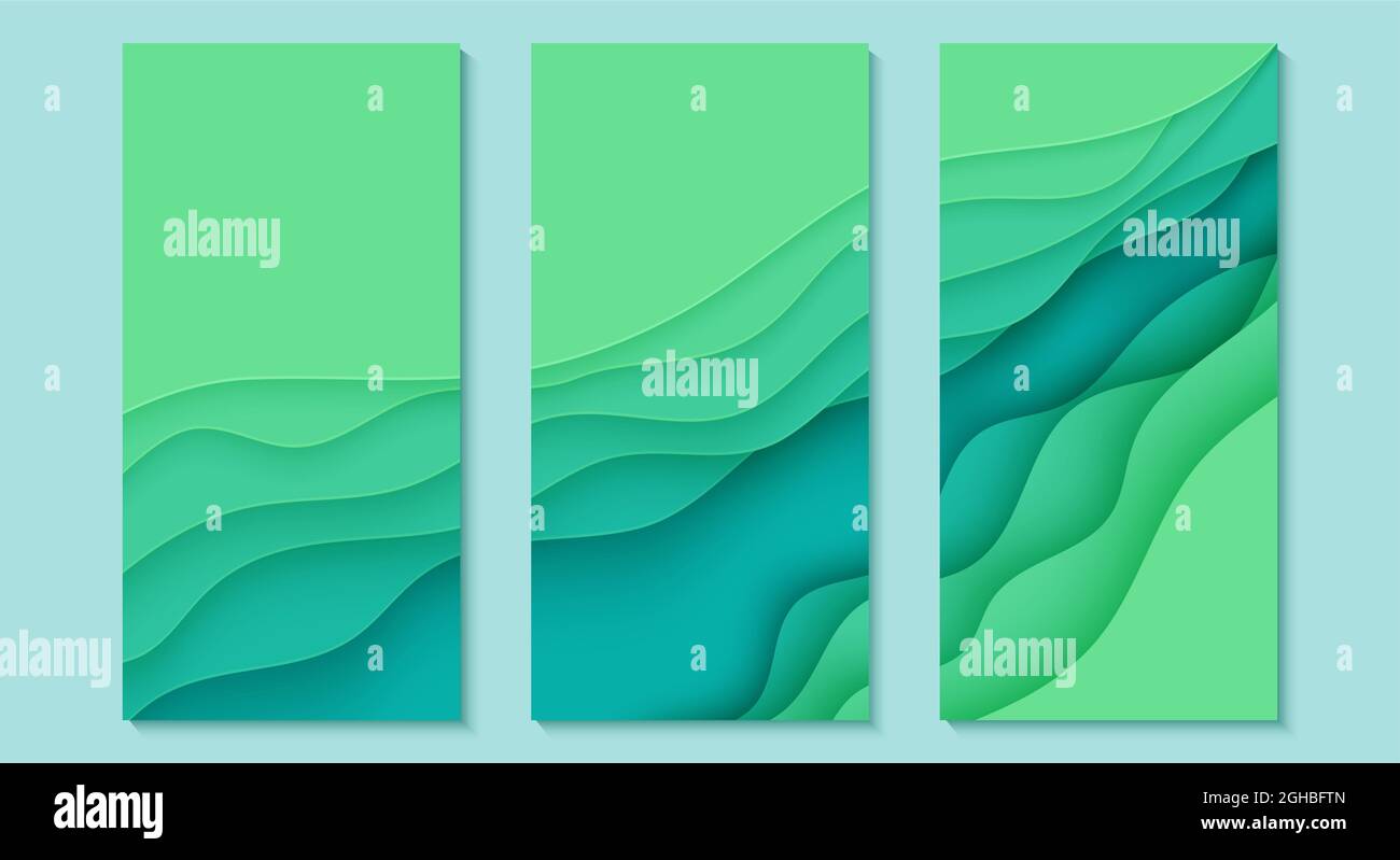 Drei abstrakte vertikale Flyer-Kollektion im Schnitt-Papier-Stil. Set von Ausschnitt grüne Welle Vorlage für die Rettung der Erde Plakate Umwelt Ökologie Stock Vektor