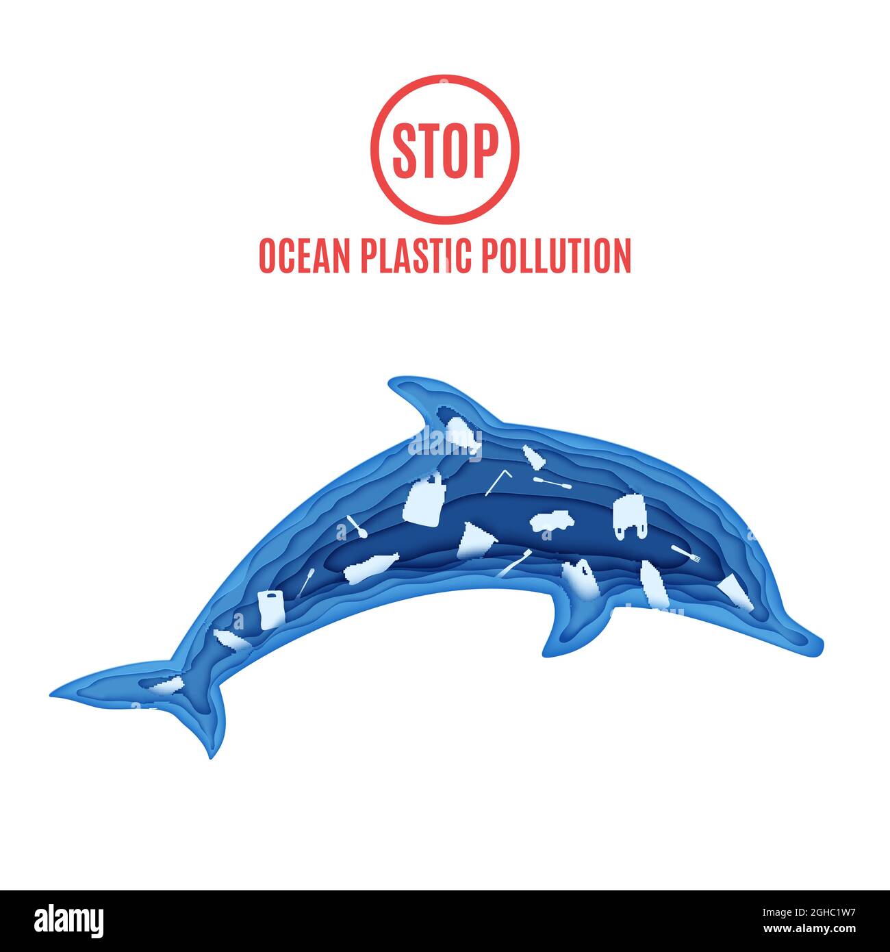 Delfin im Plastikmüll in Papierform. Poster Design Vorlage stoppen Meer Plastikverschmutzung. Vector ökologisches Konzept. Basteln Sie Karton darunter Stock Vektor