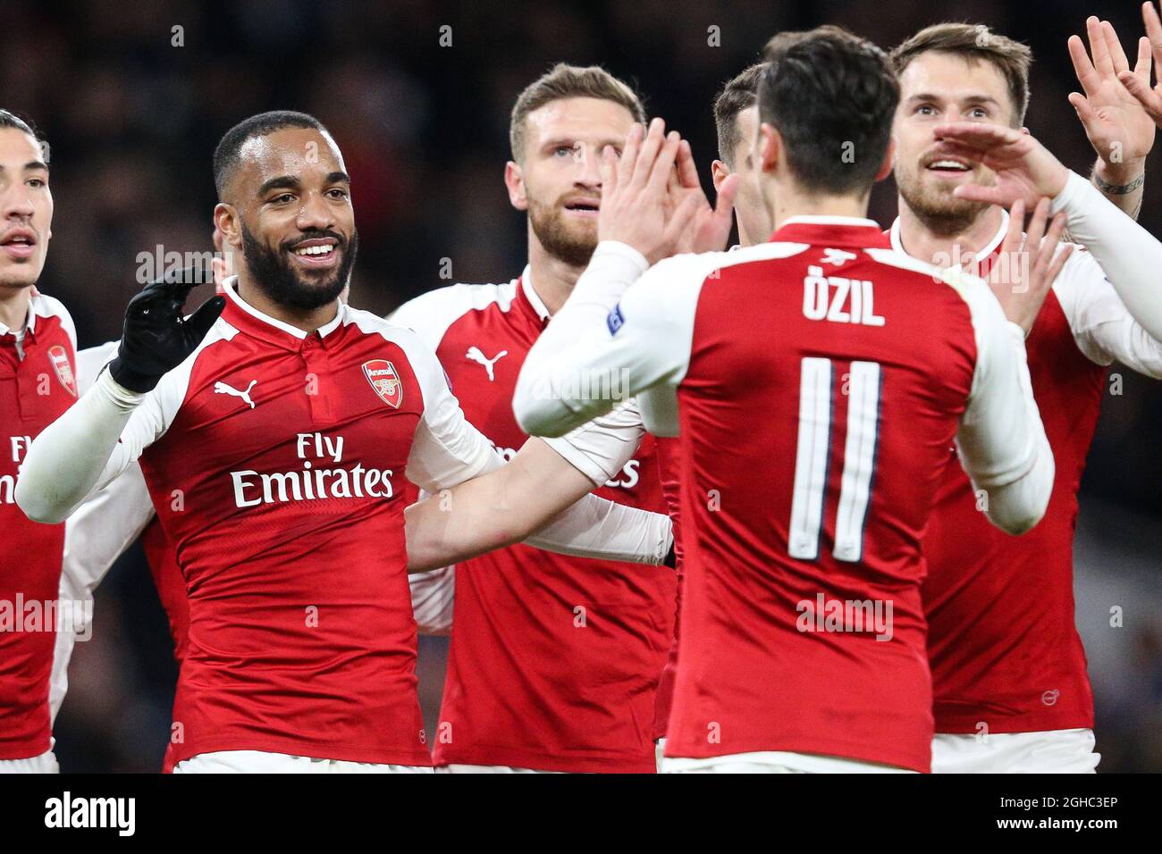 Alexandre Lacazette von Arsenal feiert sein zweites Tor während des UEFA Europa League Quarter-Final 1st Leg Match im Emirates Stadium, London. Bild Datum 5. April 2018. Bildnachweis sollte lauten: Charlie Forgham-Bailey/Sportimage via PA Images Stockfoto