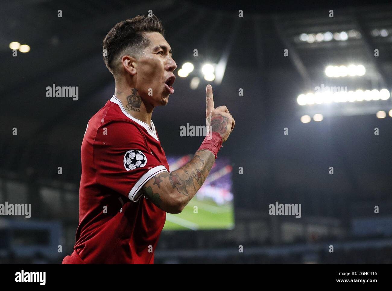 Roberto Firmino aus Liverpool feiert das zweite Tor seiner Mannschaft beim Champions League Quarter Final 2nd Leg Match im Etihad Stadium, Manchester. Bilddatum: 10. April 2018. Bildnachweis sollte lauten: David Klein/Sportimage via PA Images Stockfoto