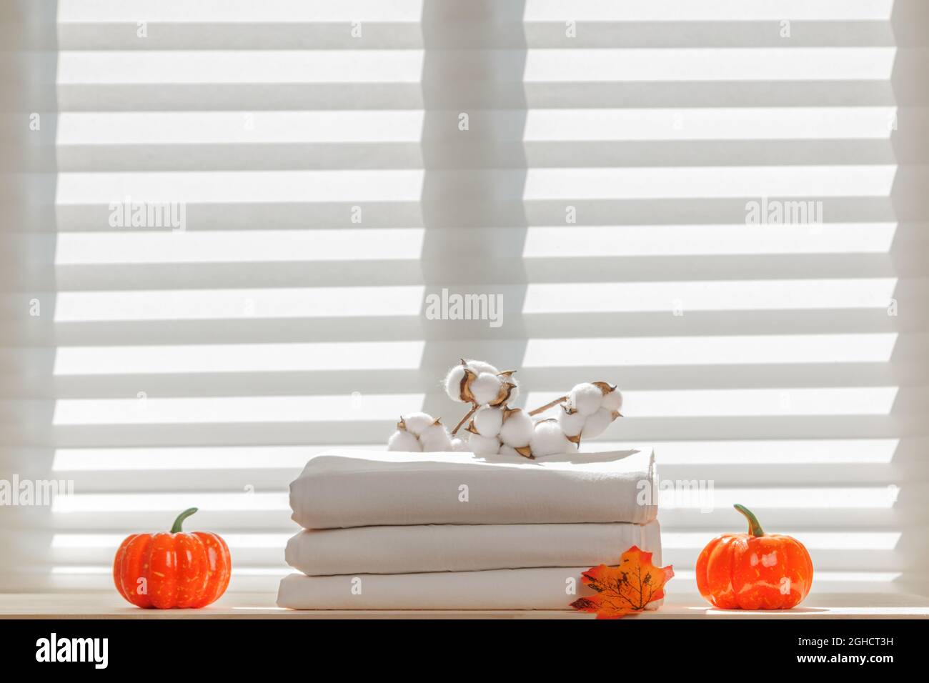 Weiße Bettwäsche, Laken mit einem Baumwollzweig vor dem Hintergrund des Fensters. Natürliche Zusammensetzung. Konzept der Herbstfeier und Halloween-Feier. Stockfoto