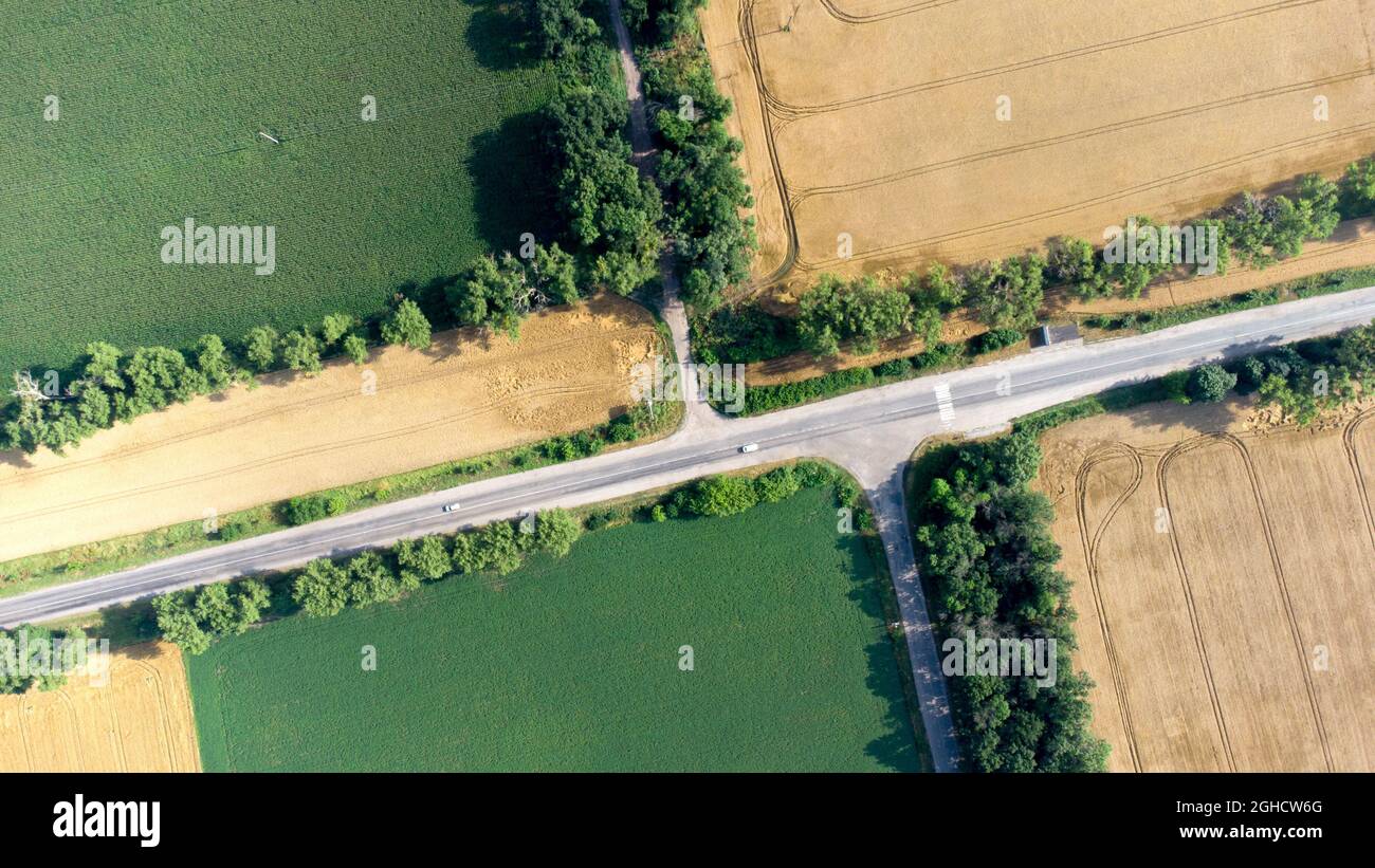Luftdrohnenflug über eine asphaltierte Straße zwischen gelb und grün Stockfoto