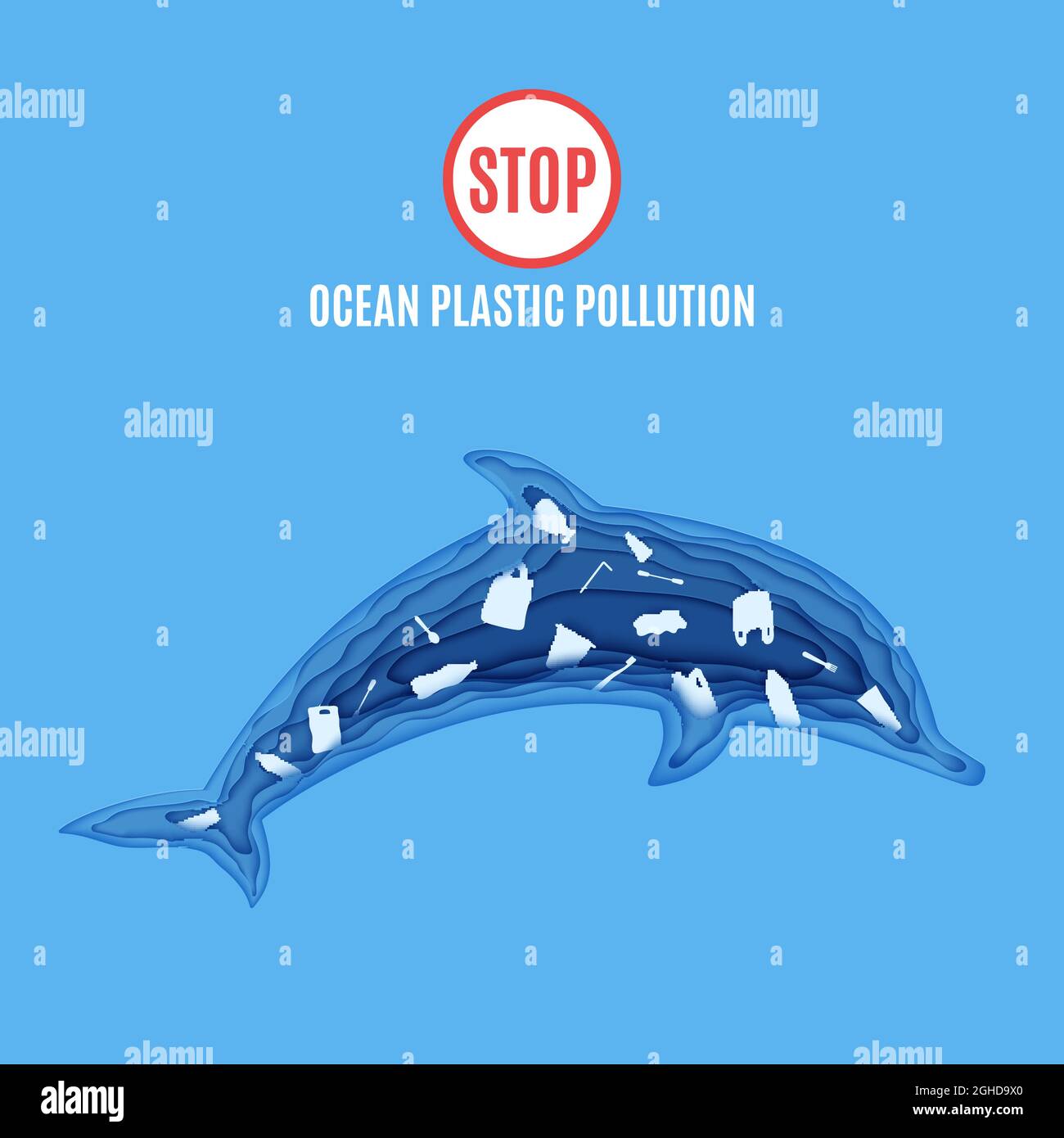 Delfin im Plastikmüll in Papierform. Poster Design Vorlage stoppen Meer Plastikverschmutzung. Vector ökologisches Konzept. Bastelkarton Stock Vektor