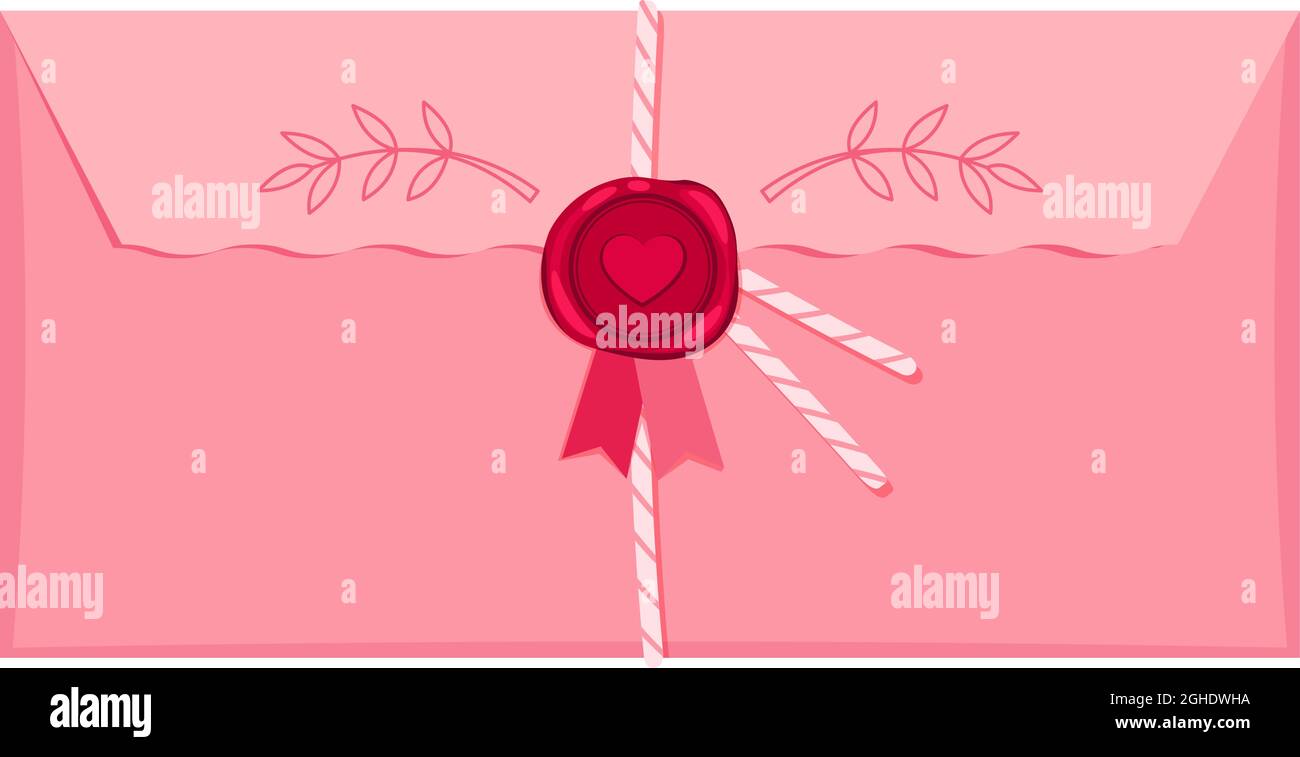Pinker Umschlag und roter Wachssiegel mit Herz für den Love Day Stock Vektor