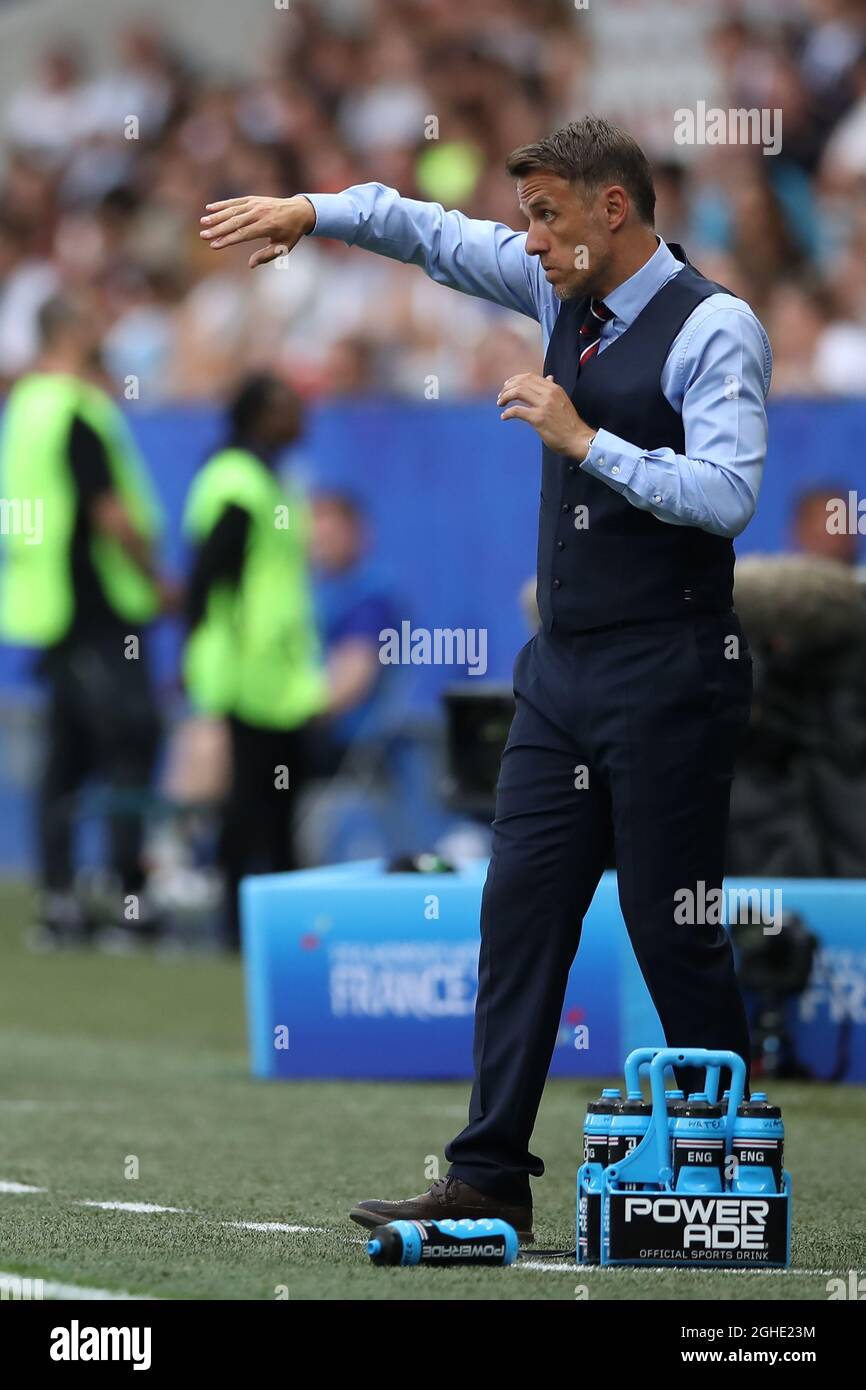 Philip Neville Manager von England während des FIFA Frauen-WM-Spiels im Allianz Riviera Stadium, Nizza. Bilddatum: 9. Juni 2019. Bildnachweis sollte lauten: Jonathan Moscrop/Sportimage via PA Images Stockfoto