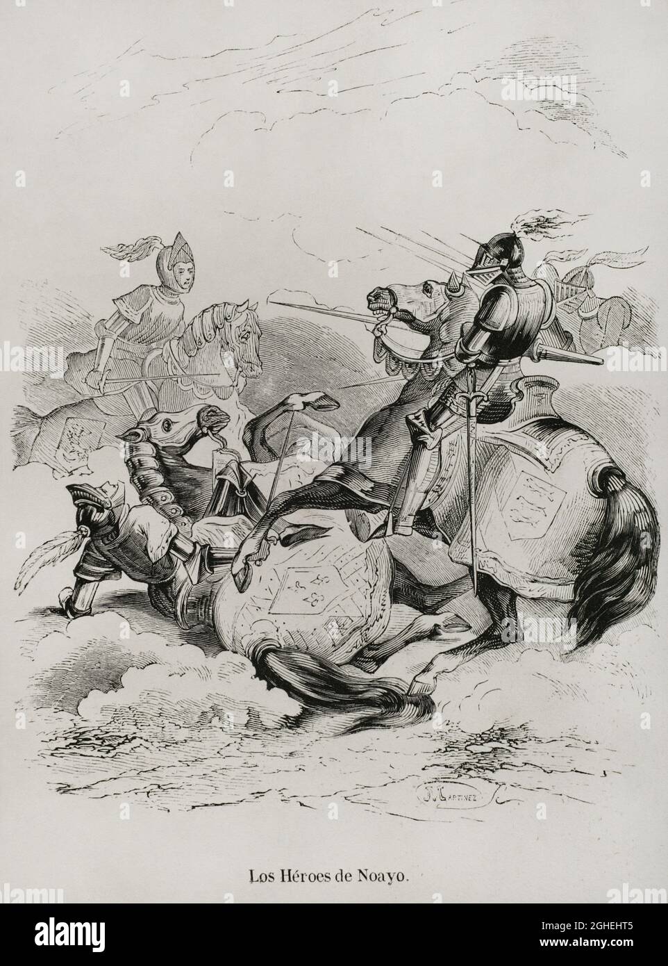 Geschichte Spaniens. Die Helden von Noayo. Gravur. Las Glorias Nacionales. Band III, Ausgabe Madrid-Barcelona, 1853. Stockfoto