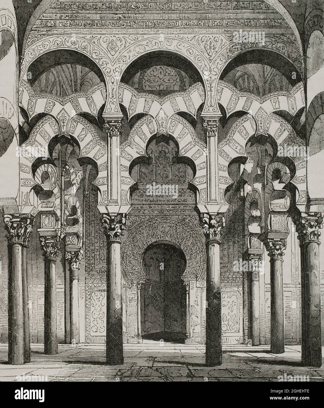 Spanien, Andalusien, Cordoba. Große Moschee von Cordoba oder Kathedrale unserer Lieben Frau von der Himmelfahrt. Innen. Loppbögen im Vorraum des Mihrab. Gravur. Las Glorias Nacionales. Band III, Ausgabe Madrid-Barcelona, 1853. Stockfoto