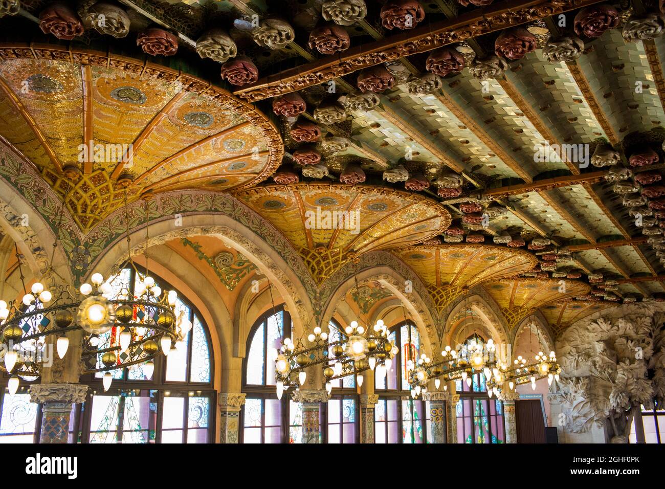 Barcelona, Spanien. Juli 2018. Interieur des Palau de la Música Catalana, einer Konzerthalle in Barcelona, Katalonien, Spanien. Stockfoto