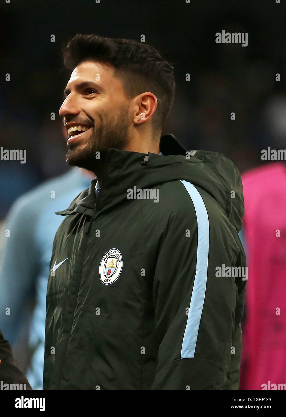 Sergio Aguero von Manchester City lächelt vor dem Start - Manchester City gegen FC Basel, UEFA Champions League, 16. Runde - zweite Etappe, Etihad Stadium, Manchester - 7. März 2018. Stockfoto