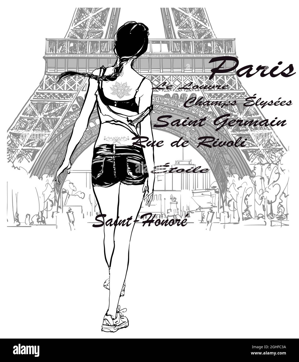 Mädchen mit Tattoo und Zopf zu Fuß zum Eiffelturm in Paris - Vektor-Illustration Stock Vektor