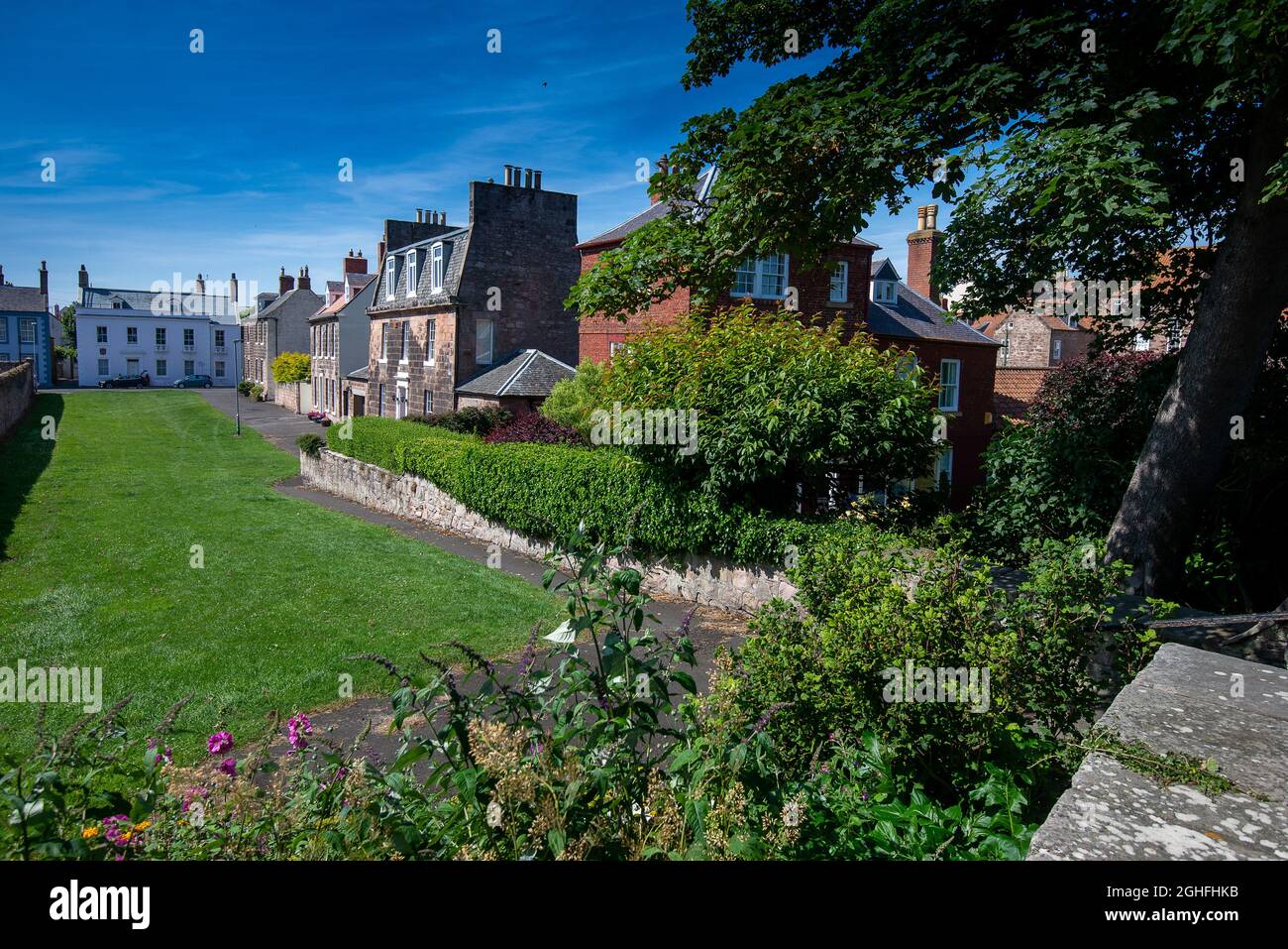 The Avenue mit seinen denkmalgeschützten 2 Gebäuden, Berwick-upon-Tweed, von der Stadtmauer aus gesehen Stockfoto