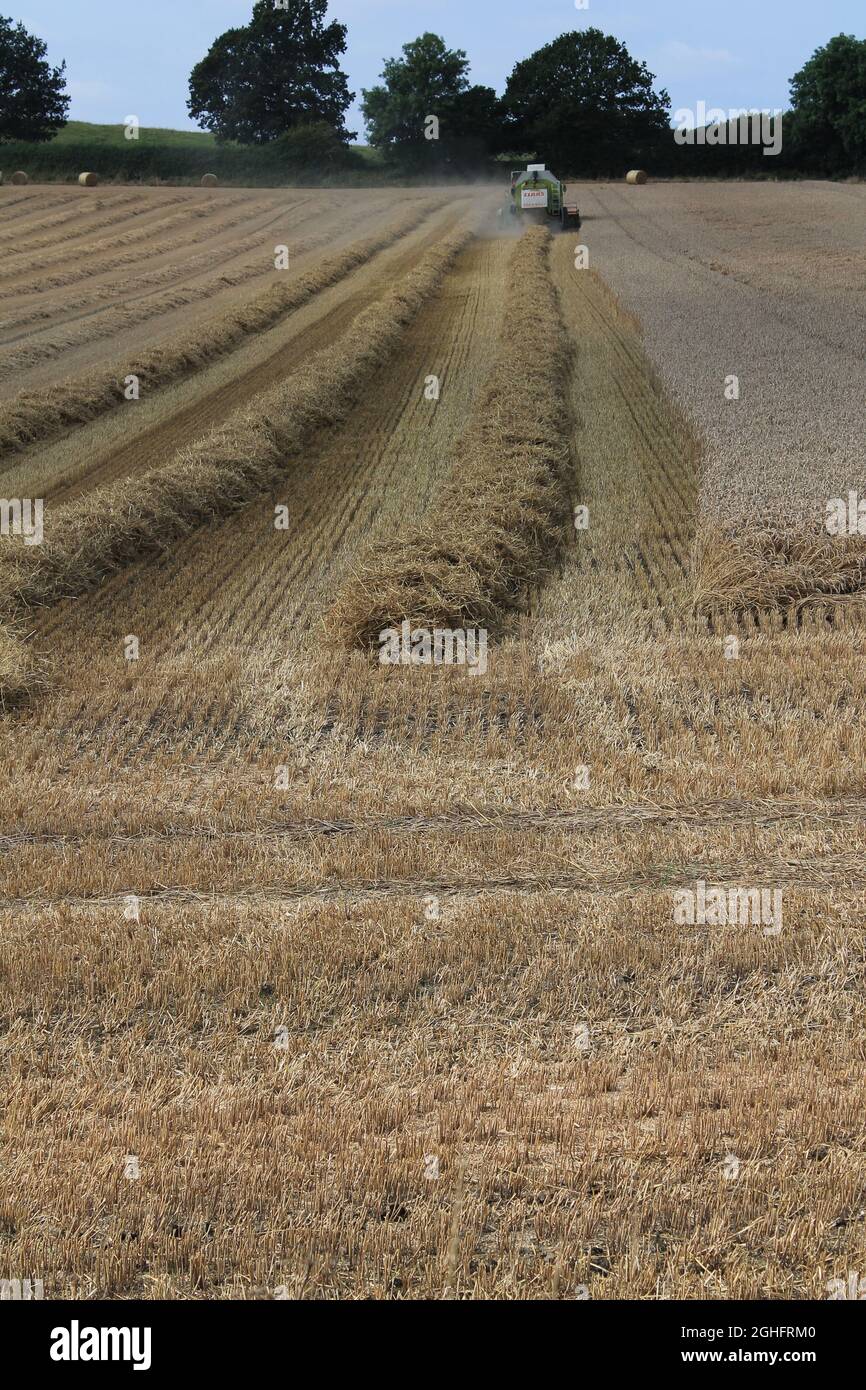 Feld, das am Sommertag in West Yorkshire, Großbritannien, von einem Mähdrescher mit unscharfer Luft und Wolken geerntet wird Stockfoto