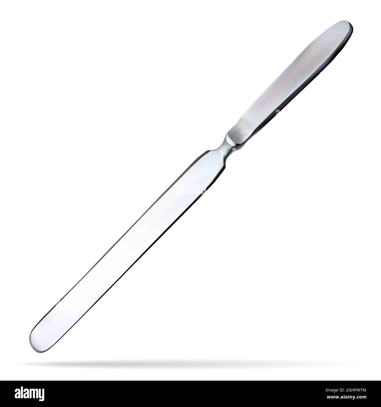 Hirnmesser. Zweischneidiges Messer mit einer langen, flachen, abgerundeten Klinge am Ende. Chirurgisches Instrument. Vektorgrafik Stock Vektor