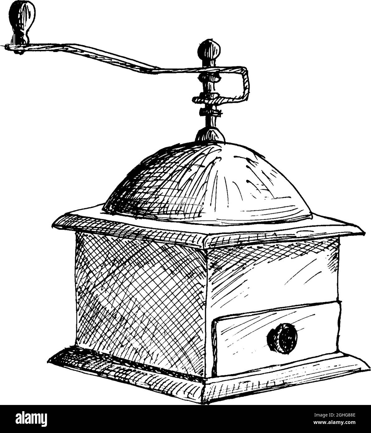 Kaffeemühle Kaffeemühle Handgezeichnete Skizze Vektorgrafik. Stock Vektor