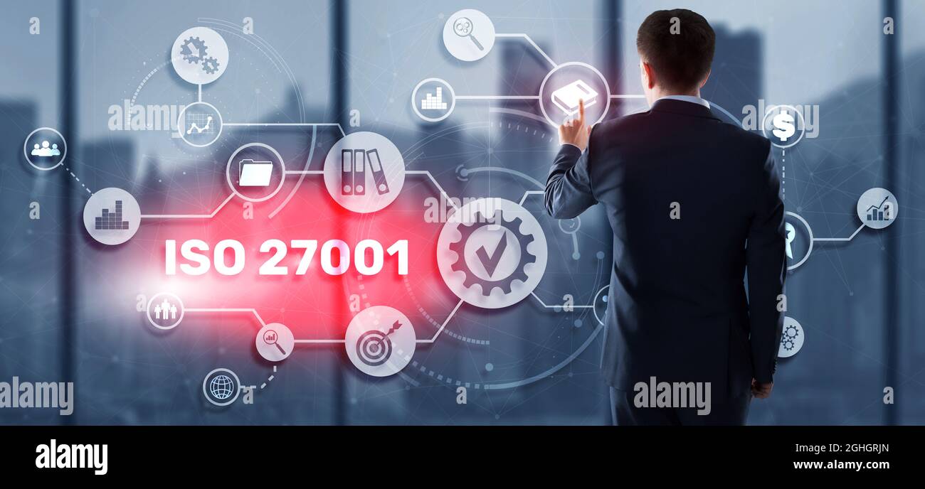 ISO 27001. Internationaler Informationssicherheitsstandard. Konzept der ISO-Normen Qualitätskontrolle Garantie. Stockfoto