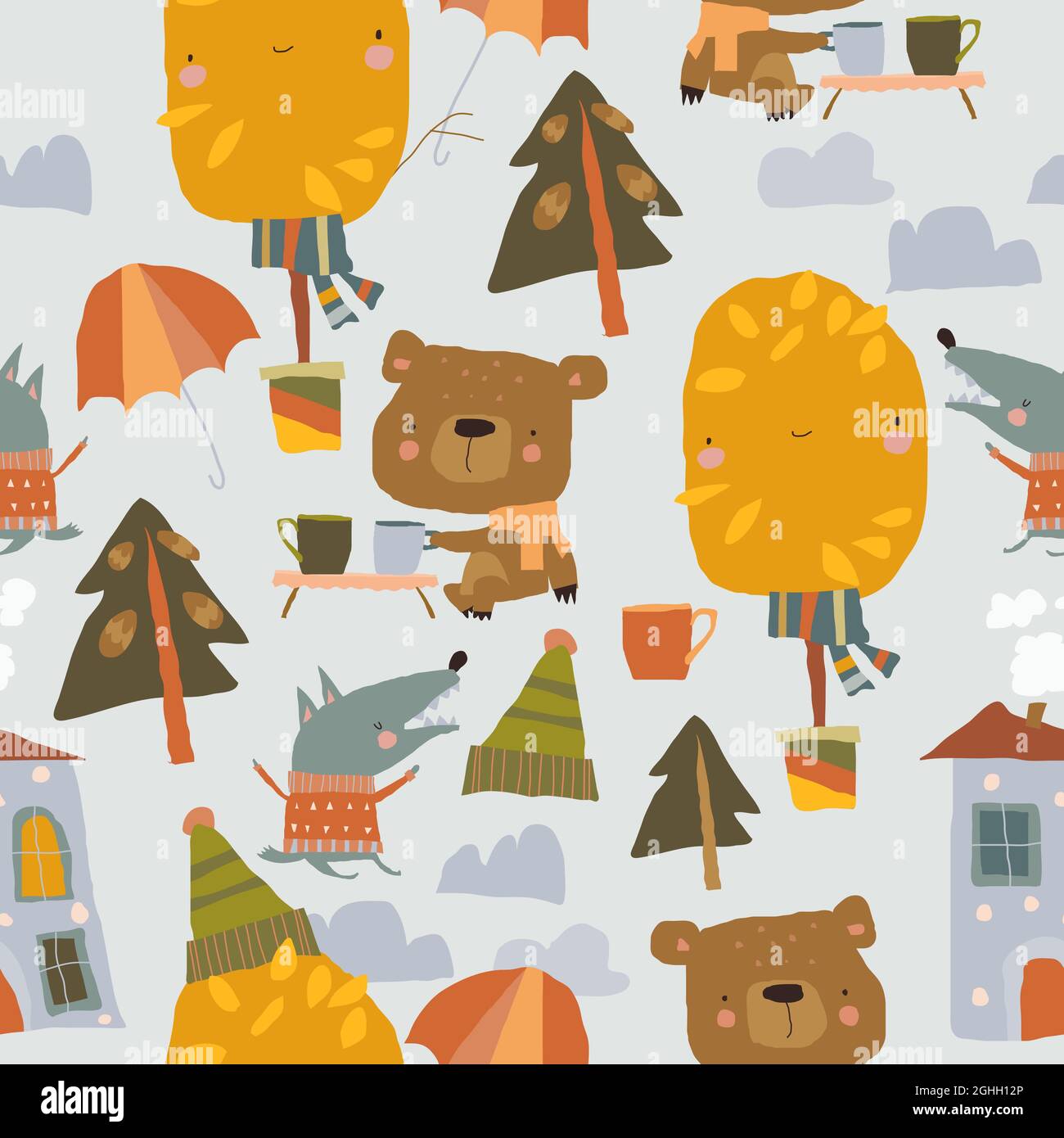 Nahtloses Muster mit lustigen Tieren und Herbstelementen Stock Vektor
