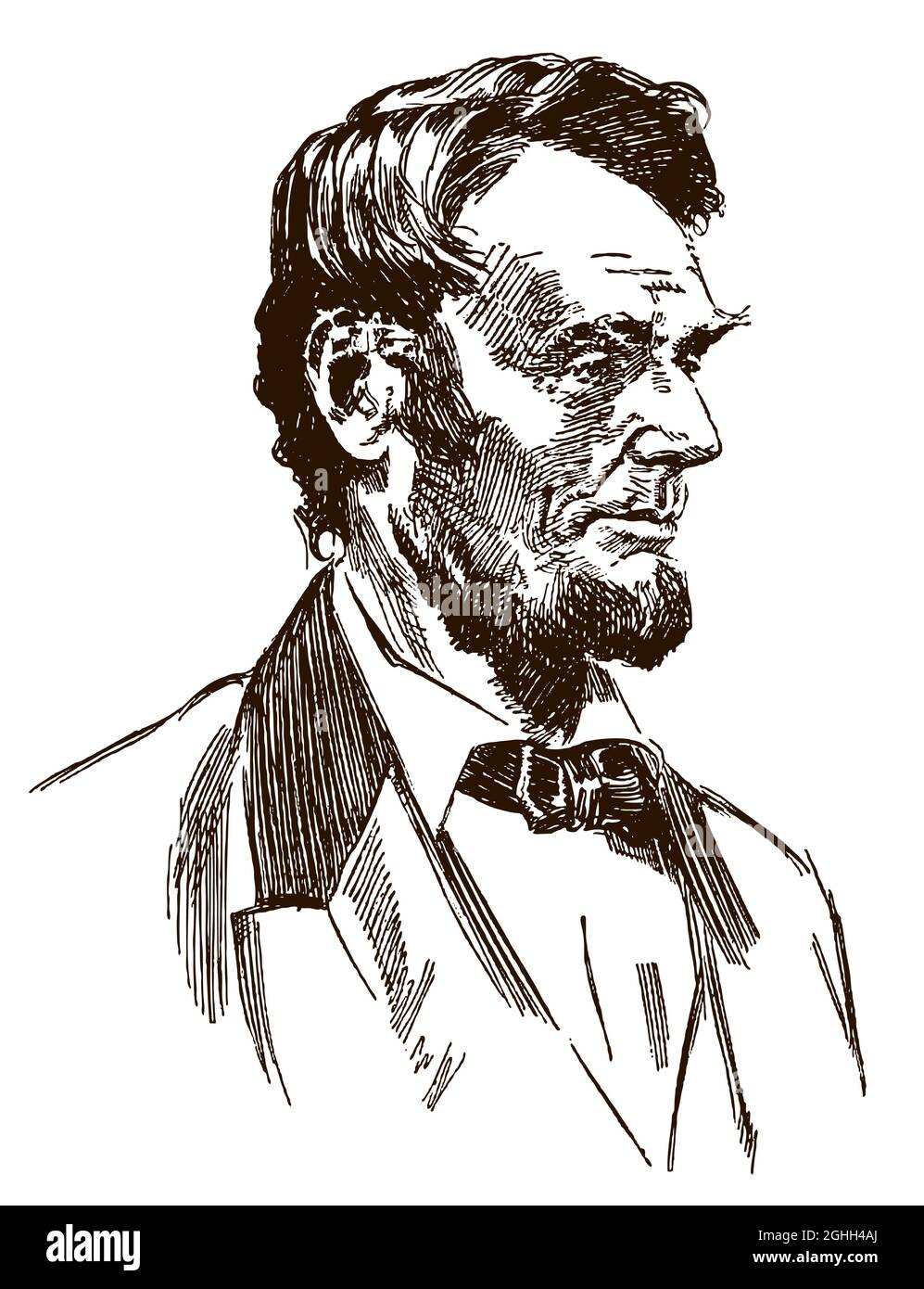 Antikes Porträt des alten Abraham Lincoln, des historischen amerikanischen Präsidenten und Anwalts in Seitenansicht. Illustration nach einem Stich aus dem 19. Jahrhundert Stock Vektor