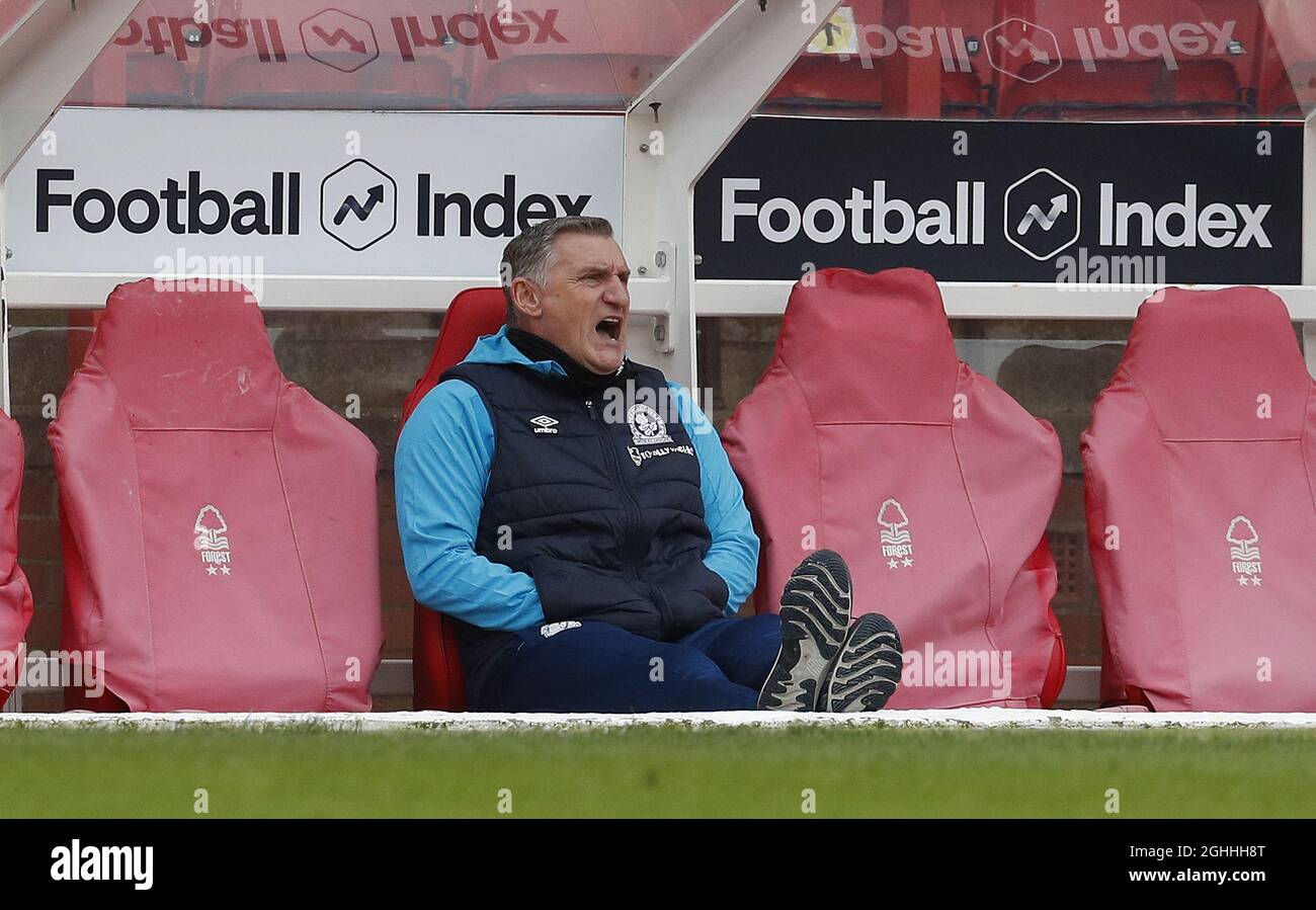 Blackburn Rovers-Manager Tony Mowbray beim Sky Bet Championship-Spiel auf dem City Ground, Nottingham. Bilddatum: 20. Februar 2021. Bildnachweis sollte lauten: Darren Staples/Sportimage via PA Images Stockfoto