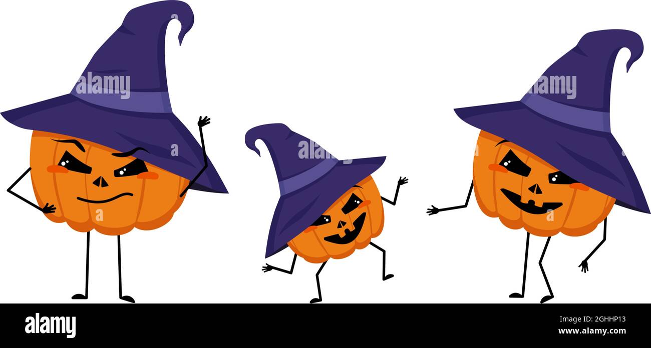 Familie von niedlichen Kürbis Zeichen in spitzen Hut mit glücklichen Emotionen. Mama, Papa und das Kind tanzen. Fröhliches Gemüse für den Urlaub Halloween. Festliche Herbstdekoration für Oktober Stock Vektor
