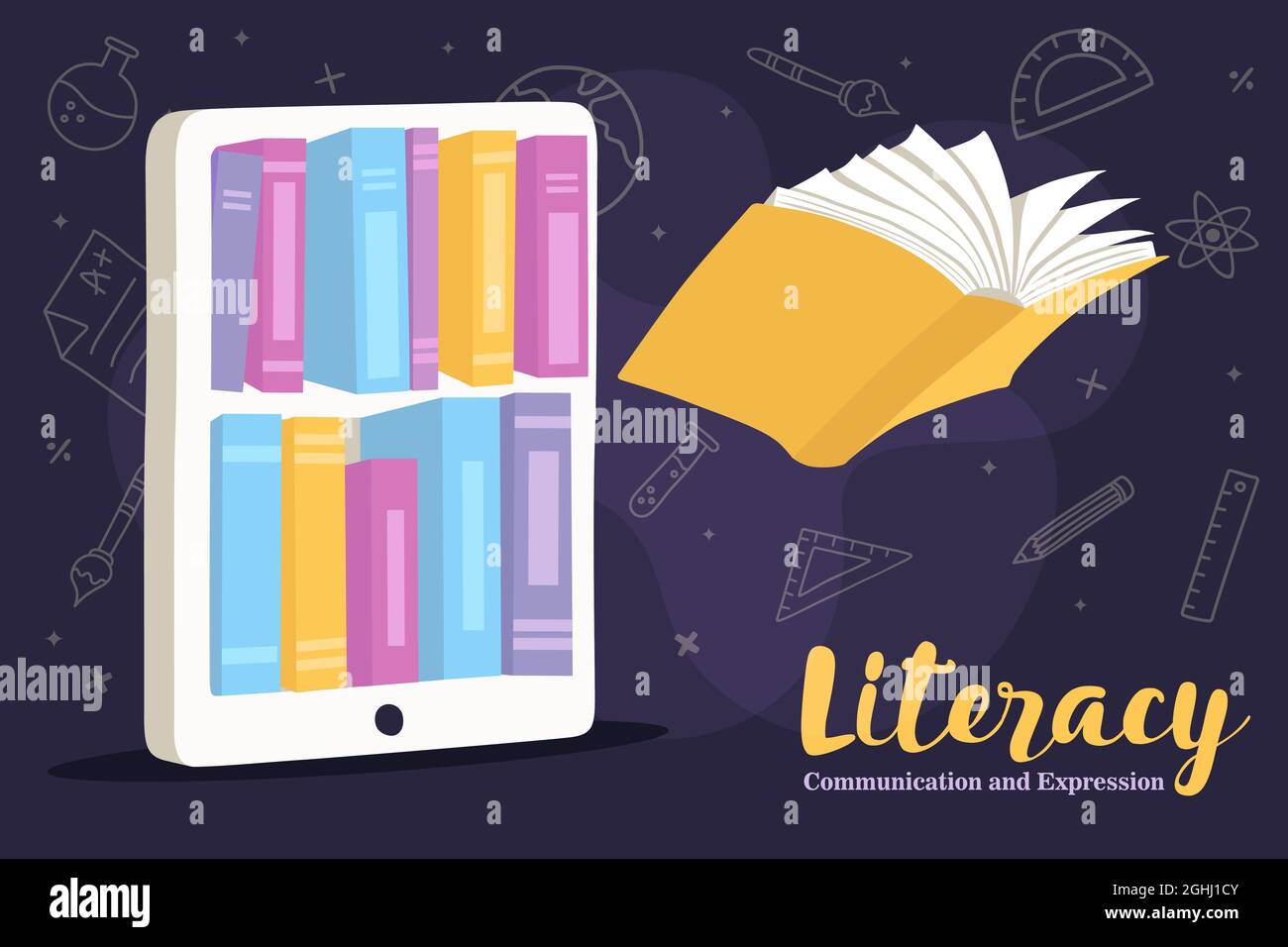 Alphabetisierung Grußkarte Illustration von bunten offenen Buch fliegen von der Handy-Bibliothek App in modernen flachen Cartoon-Stil. Online-Bildung oder E-Learning c Stock Vektor