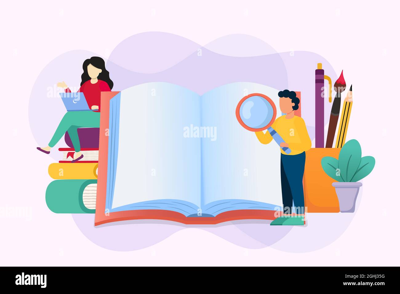 Junge Student Team von Mann und Frau Charaktere lesen offenes Buch, flache Cartoon-Illustration. Schulbildung oder Studiengruppenkonzept auf isoliertem Weiß Stock Vektor