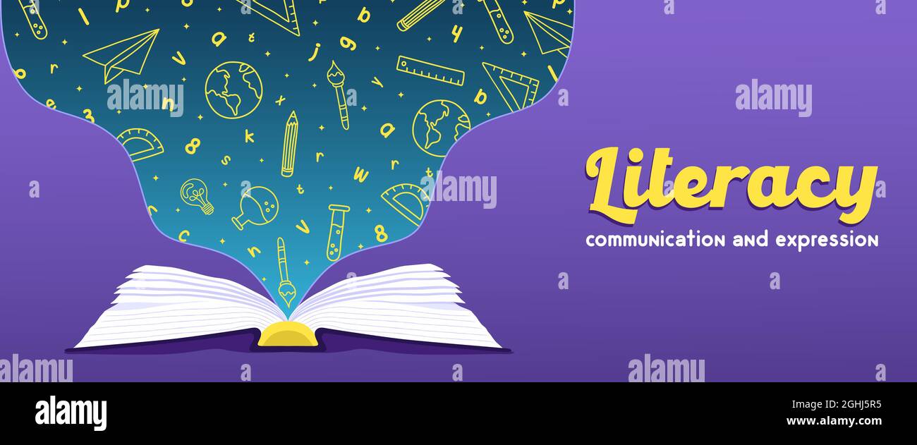 Alphabetisierung Web Banner Illustration Konzept des offenen Buches mit bunten High School Thema Ikone doodles. Kommunikation und Ausdruck Typografie Zitat de Stock Vektor