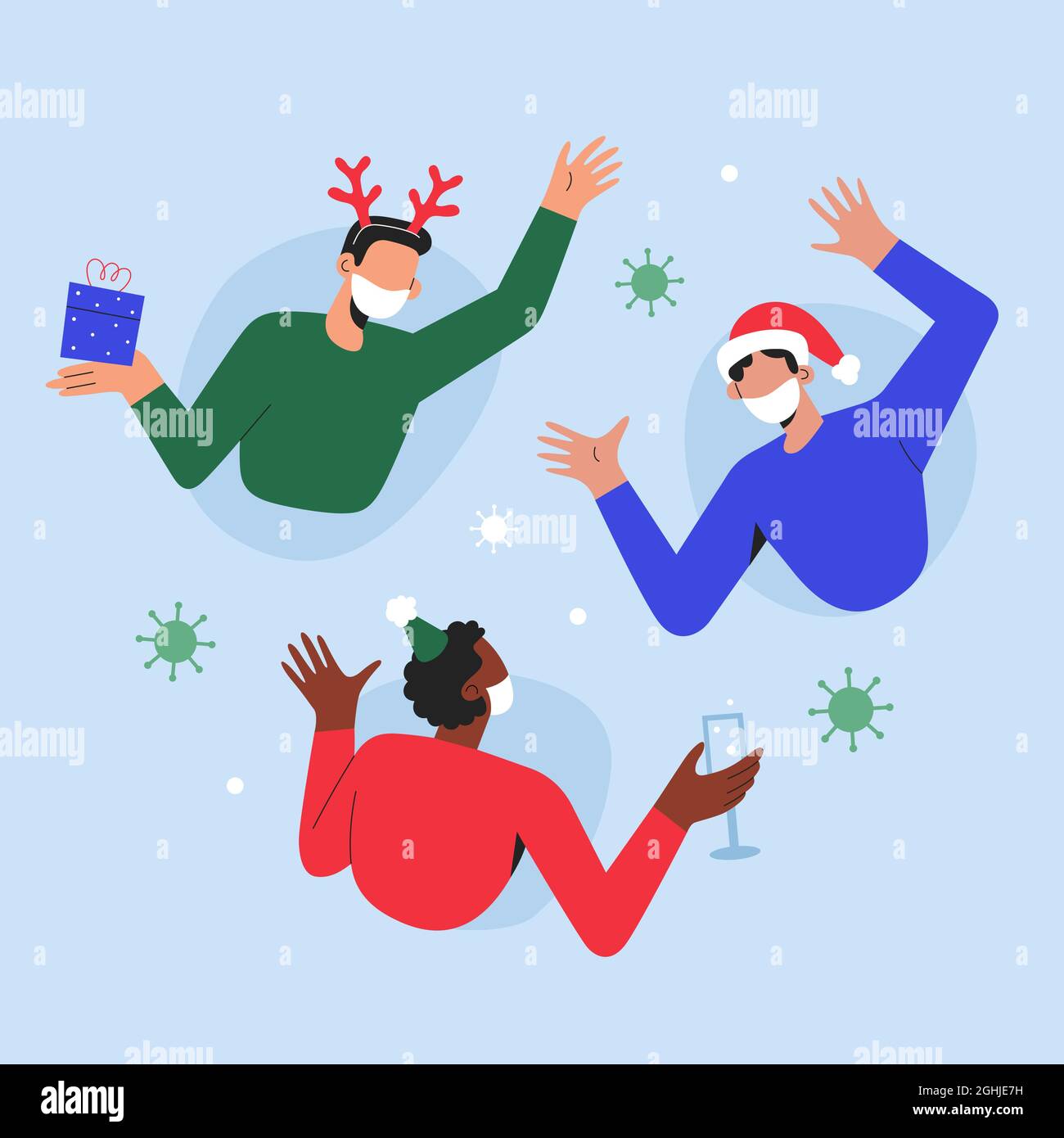 Weihnachtsfeier online, Videoanruf, Freunde, die während der covid Pandemie Neujahr feiern, tragen Gesichtsmasken, mit Videokonferenz, Vektordarstellung Stock Vektor