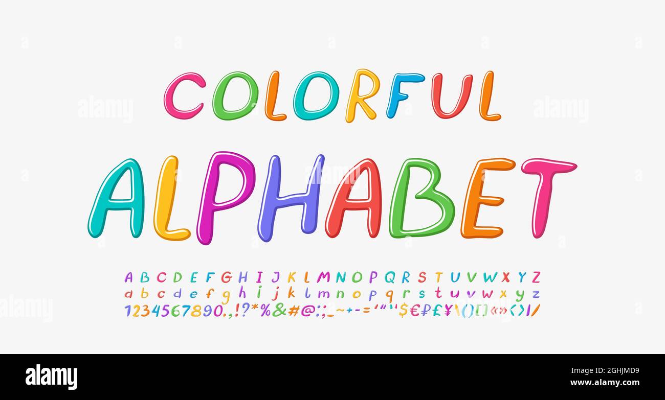 Helle, farbenfrohe und kursive Schrift. Lustige handgezeichnete Vektor-Buchstaben und Zahlen. Stock Vektor