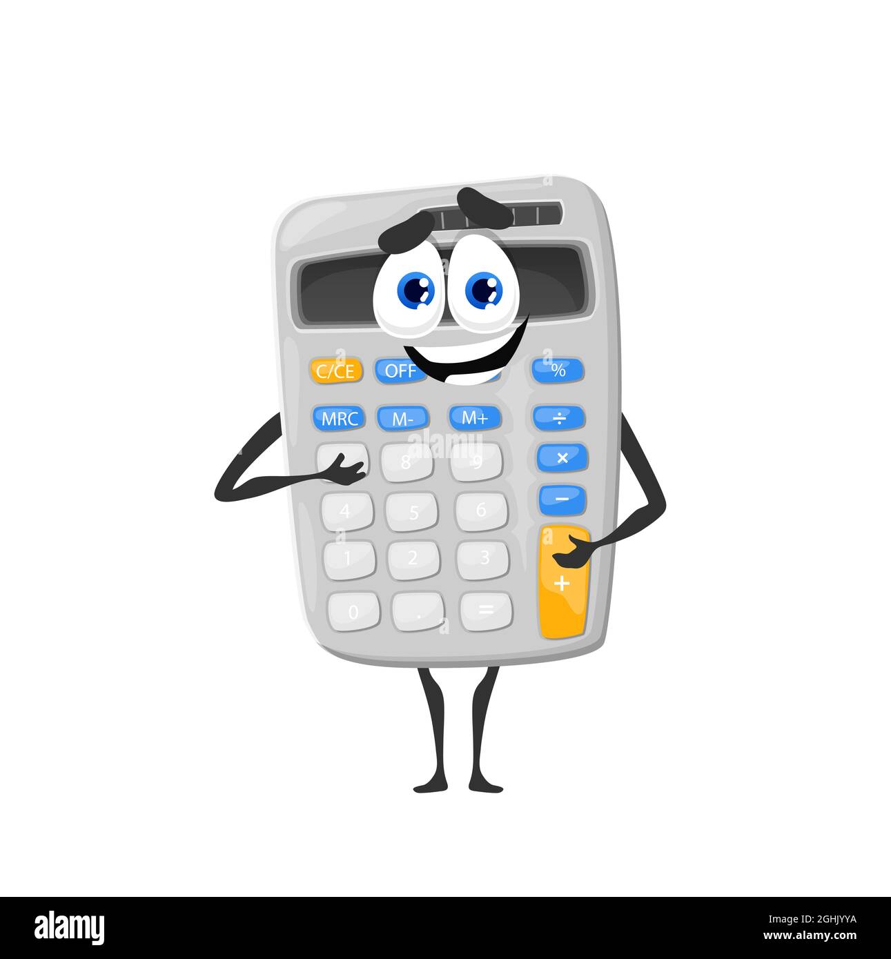 Cartoon nette Schule Rechner Charakter. Elektronisches Zubehör für Büro- oder Schulstudenten zur Finanzberechnung oder Mathematik. Schreibwaren lustige Vektor masco Stock Vektor