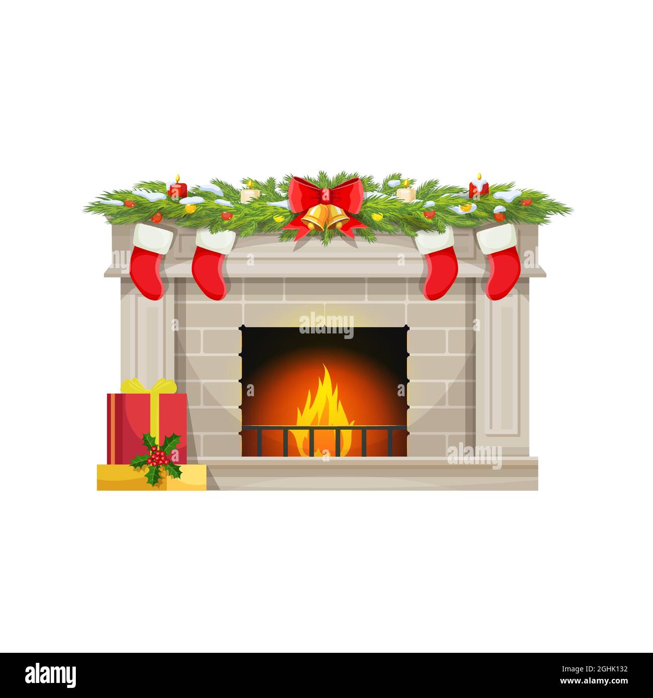 Weihnachts-Kamin mit Socken für Geschenke auf Kamin, Vektor Weihnachten Urlaub Feuer. Weihnachtsbaumschmuck, Stechpalme und Kerzen mit goldener Glocke auf Ribbo Stock Vektor