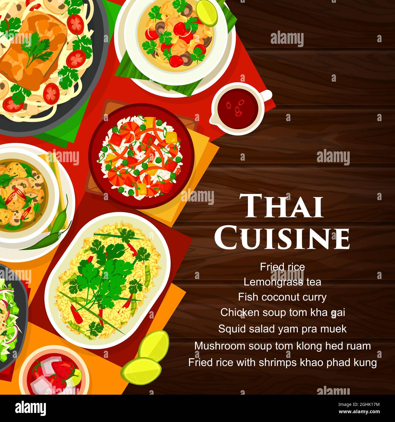 Thailändische Küche Vektor Pilzsuppe tom klong had ruam, Tintenfisch-Salat Yam pra Muek, Hühnersuppe tom Kha Gai. Zitronengrastee, gebratener Reis mit Garnelen khao Stock Vektor