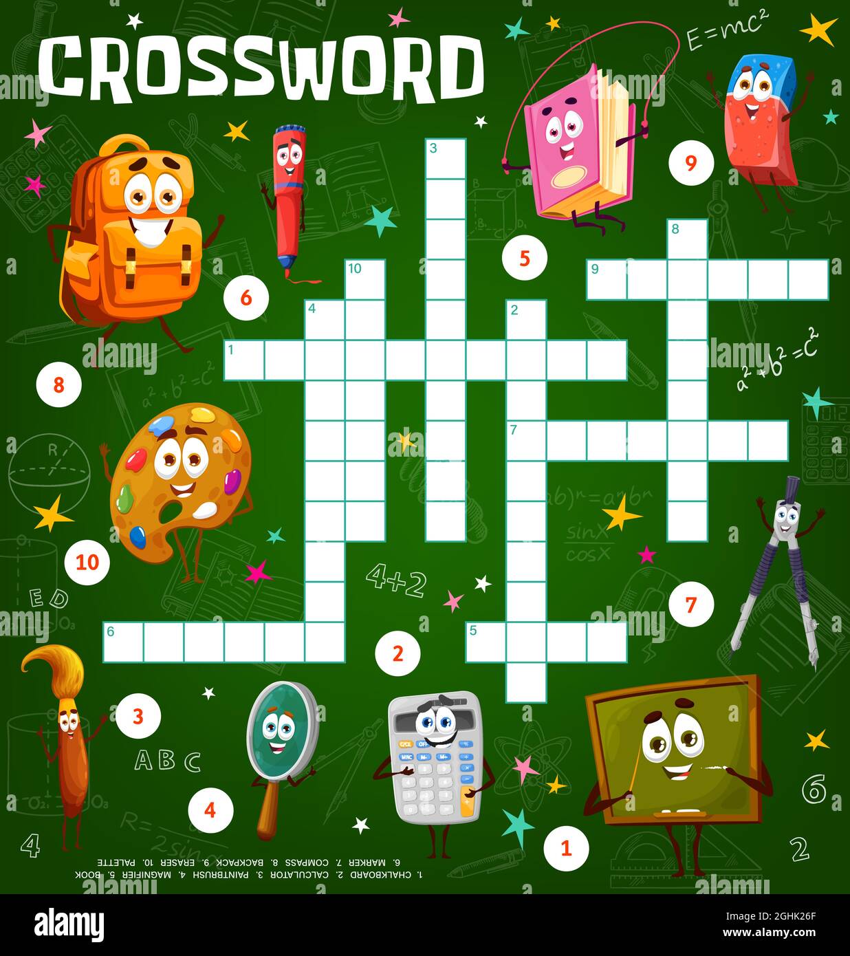 Kreuzworträtsel-Spiel Arbeitsblatt mit Cartoon Schule Bildung Zeichen.  Finden Sie Worträtsel oder Rätsel, pädagogische Puzzle-Spiel für Kinder mit  lustigen Schule Stock-Vektorgrafik - Alamy