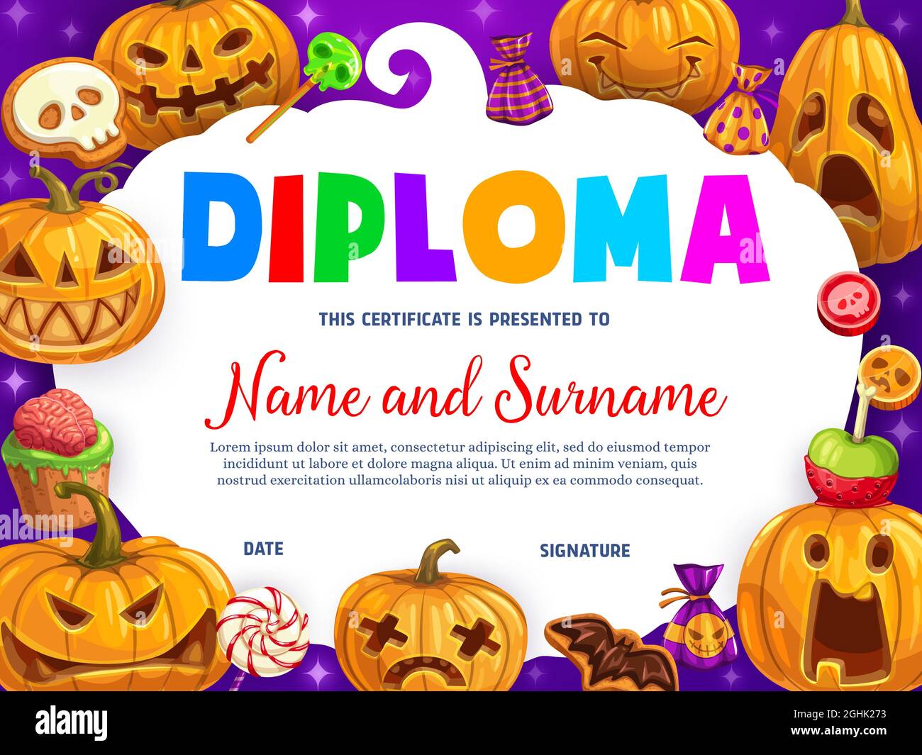 Kinder Diplom Cartoon lustige Halloween Kürbisse und Süßigkeiten. Vektor-Zertifikat mit Jack-o-Laternen, Kekse mit Schädel und Süßigkeiten. Prämiumrahmen mit Lch Stock Vektor