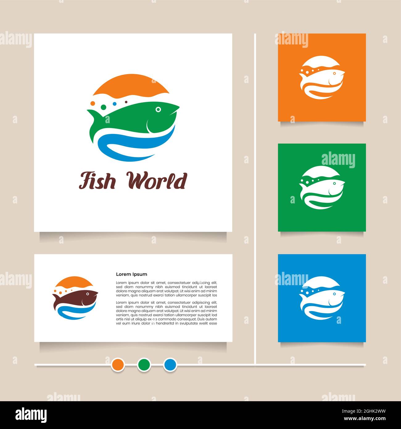 Kreatives Konzept Vektor Fischwelt Logo-Design mit modernen orange, blau und grün Farbe. Sea ​​world-Logo Stock Vektor