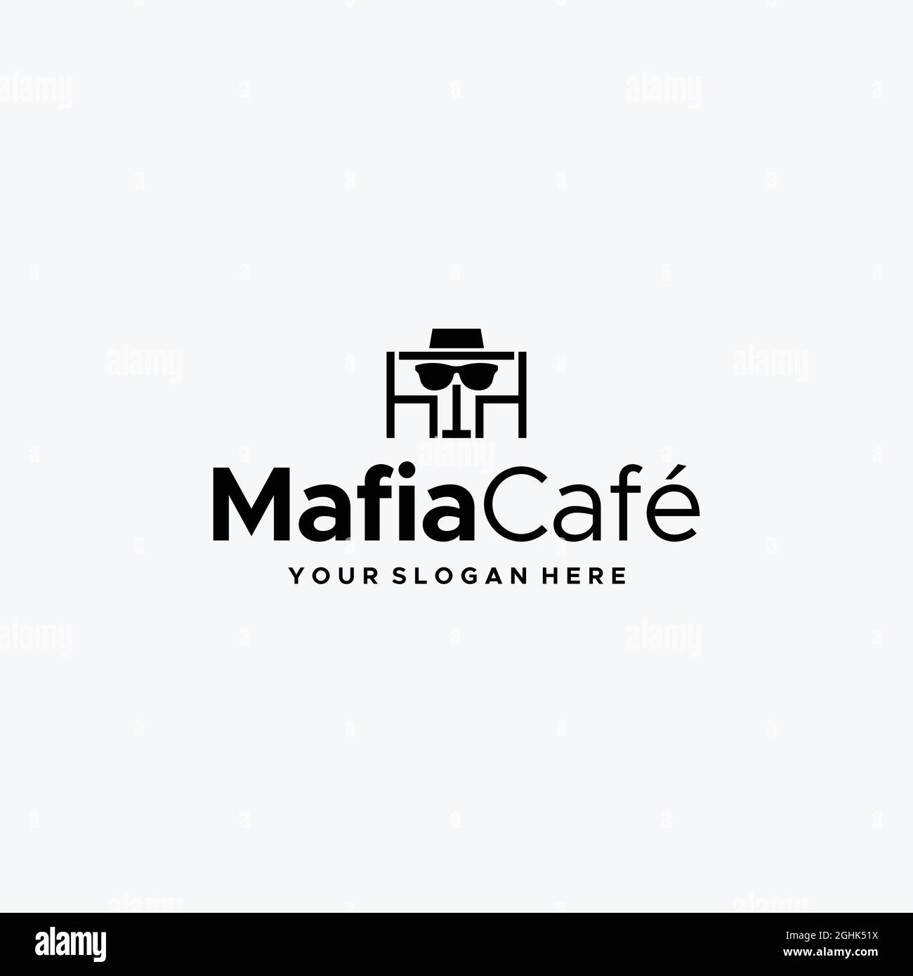 Flat MafiaCafe Tisch Stuhl Gläser Hut Logo Design Stock Vektor