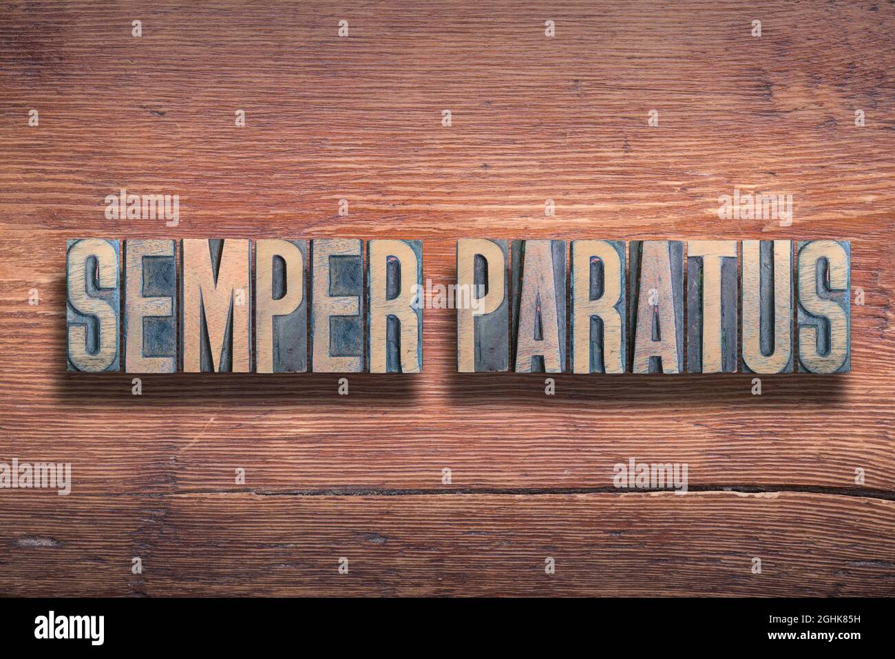 semper paratus altlateinisches Sprichwort Bedeutung - immer vorbereitet, kombiniert auf vintage lackierter Holzoberfläche Stockfoto