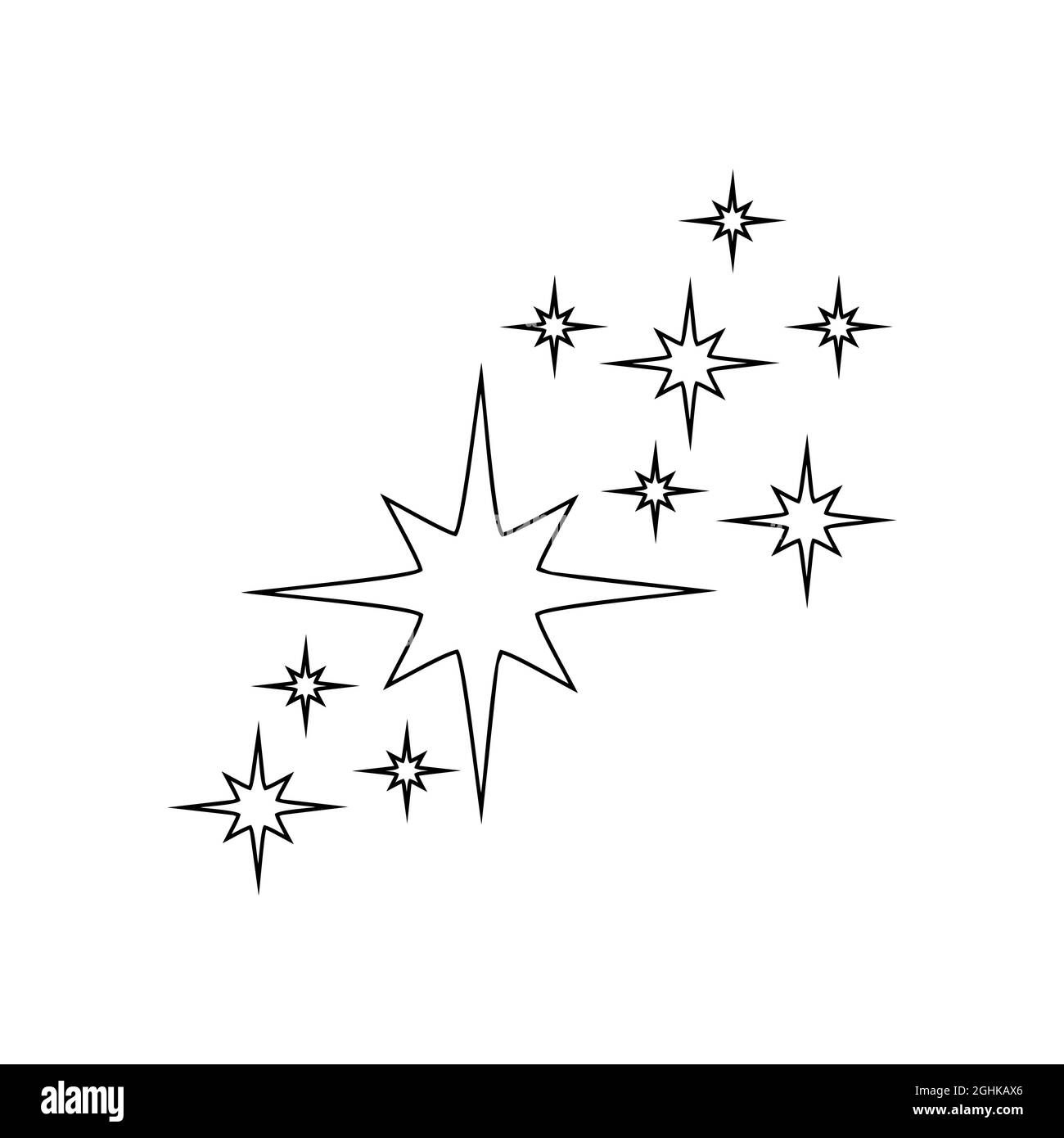 Skizzieren Sie sternenklare Glitzern und funkelnde Symbole auf weißem Hintergrund. Aufhellender Blitz, funkelndes Feuerwerk, glänzende Leuchtzeichen Sterne Lichtteilchen. Lineare Vektordarstellung. Stock Vektor