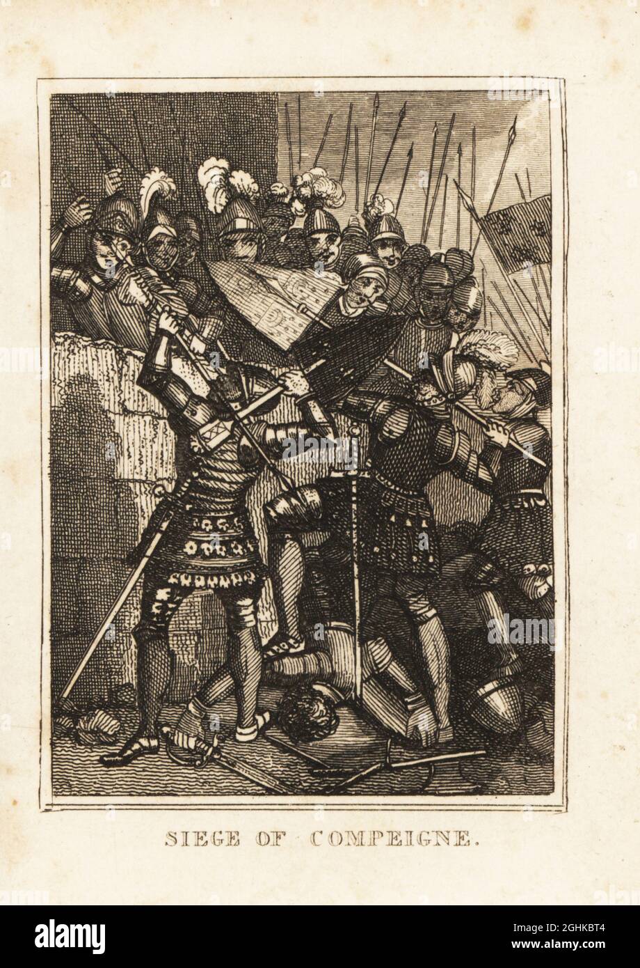 Jeanne d'Arc und die französische Armee verteidigen die Stadt Compeigne gegen die Belagerung Englands und Burgunds, 1430. Kupferstich aus M. A. Jones’ History of England von Julius Caesar bis George IV., G. Virtue, 26 Ivy Lane, London, 1836. Stockfoto