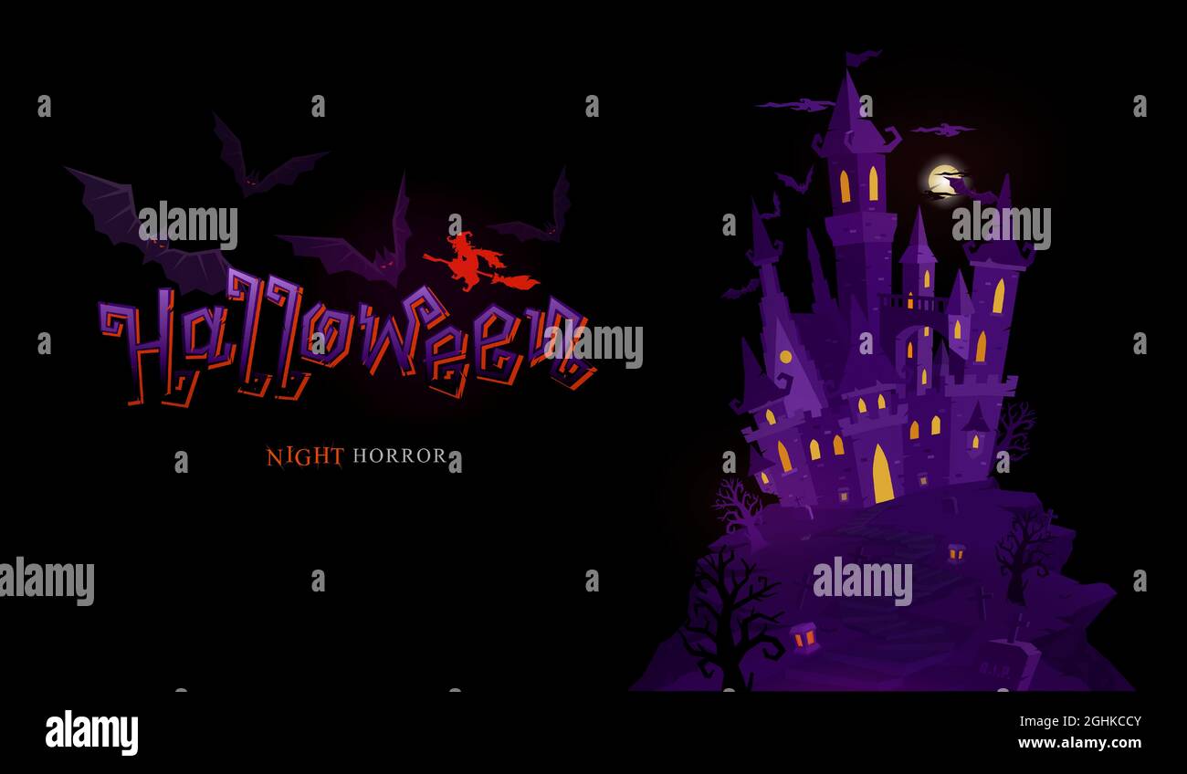 halloween Banner Feier mit Typografie Design und Burg Grafik Kunst und Horror Element Konzept isoliert auf schwarzem Hintergrund Stock Vektor