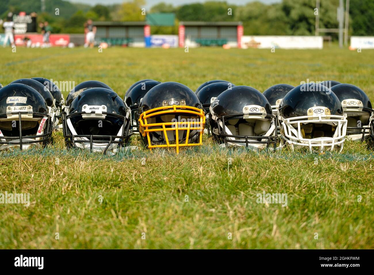 Hereford Stampede V Worcestershire Black Knights in einem lokalen Derby, das bis zu den letzten 2 Minuten gleichmäßig aufeinander abgestimmt war, als Hereford einen Touchdown auf r erhielt Stockfoto