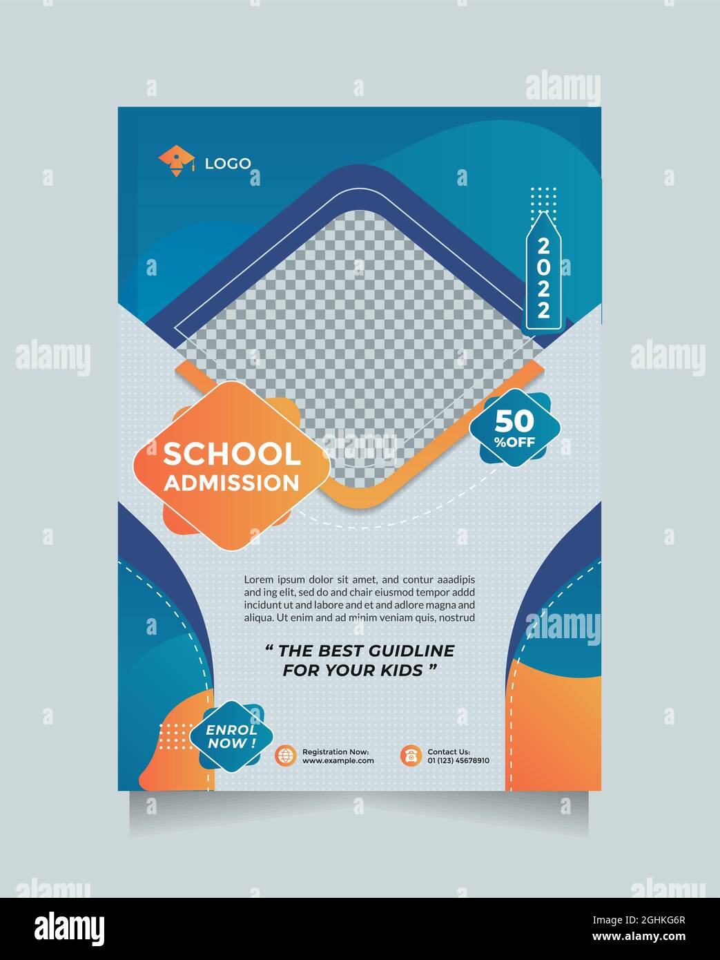 Creative Flyer Und Broschüre Schulbildung Zulassung Design-Vorlage. Blau-Orange Design-Vektor mit Einem Bildplatzhalter Stock Vektor