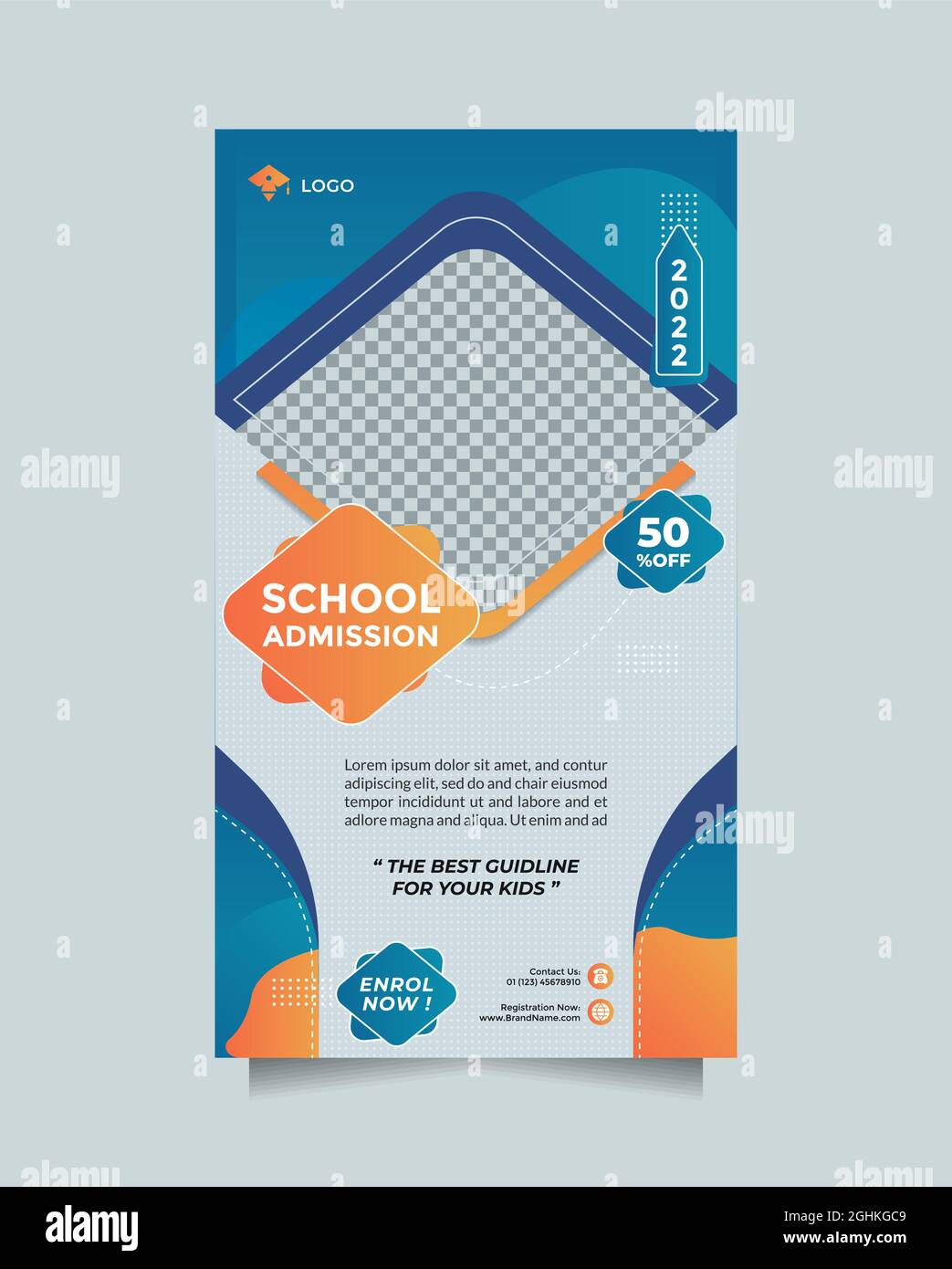 Kreatives Konzept Schulbildung Zulassung Social Media Story Post Und Banner Vorlage . Moderner Blue Orange Design-Vektor mit Einem Bildplatzhalter Stock Vektor