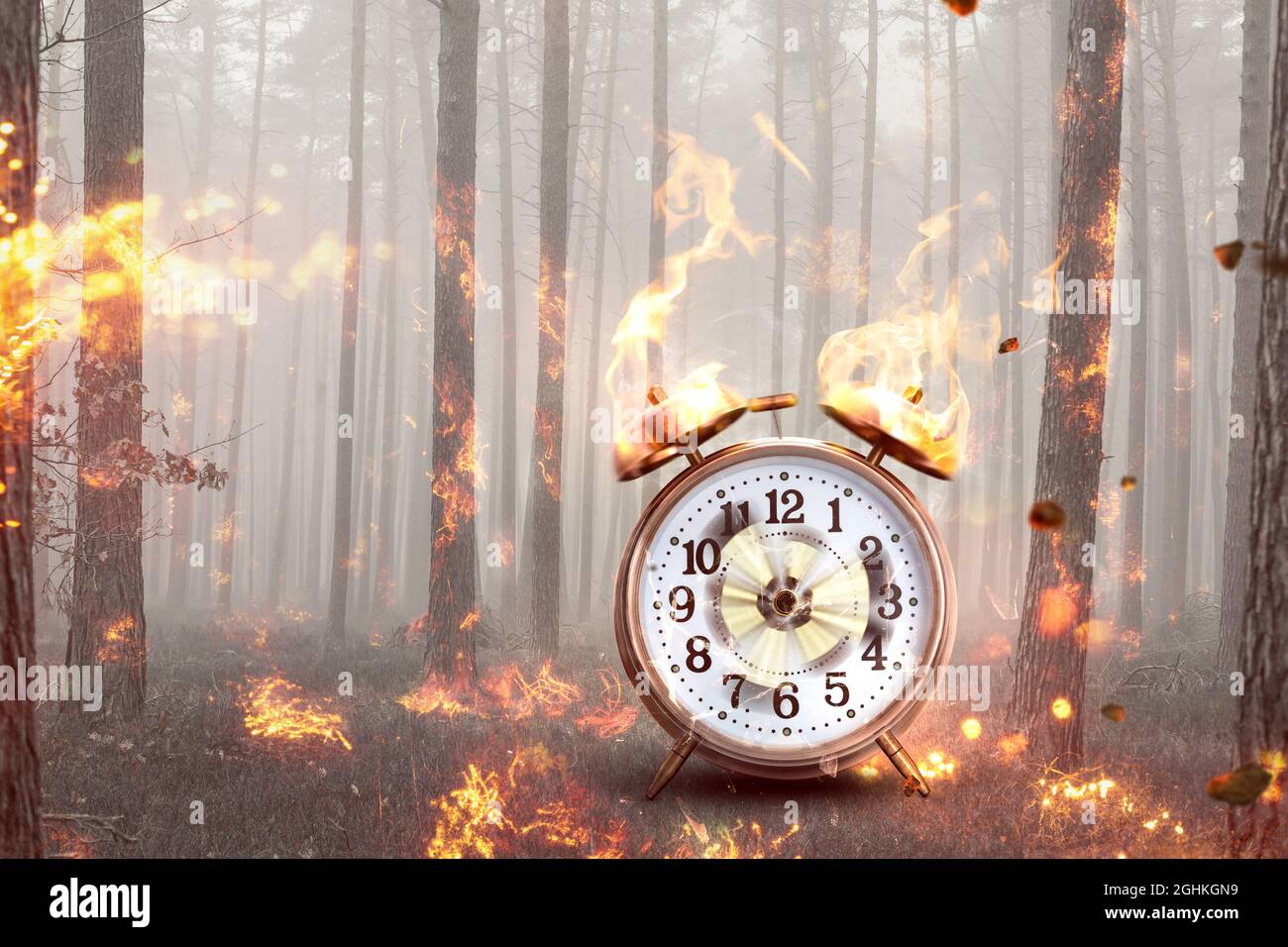 Wecker in einem brennenden Wald - Konzept des Klimawandels Stockfoto