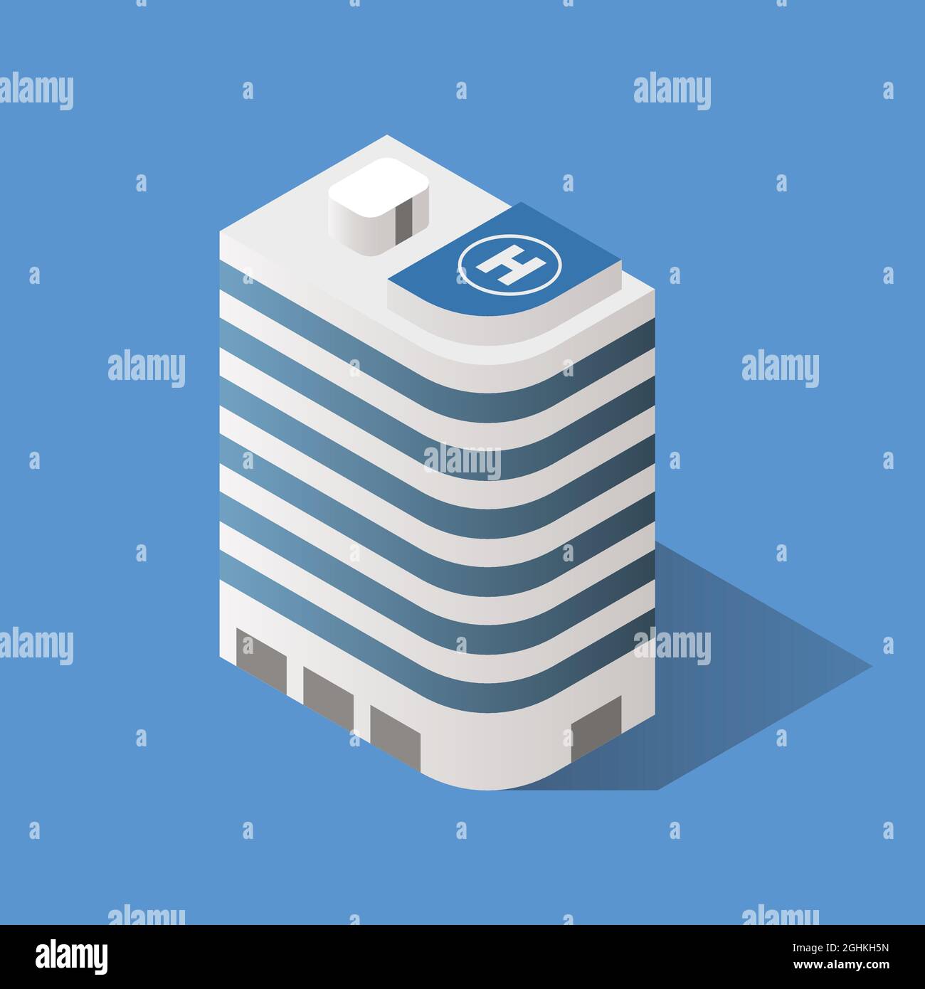 Isometrisches Gebäude mit Hubschrauberlandeplatz auf dem Gebäude. Vektorgrafik Stock Vektor