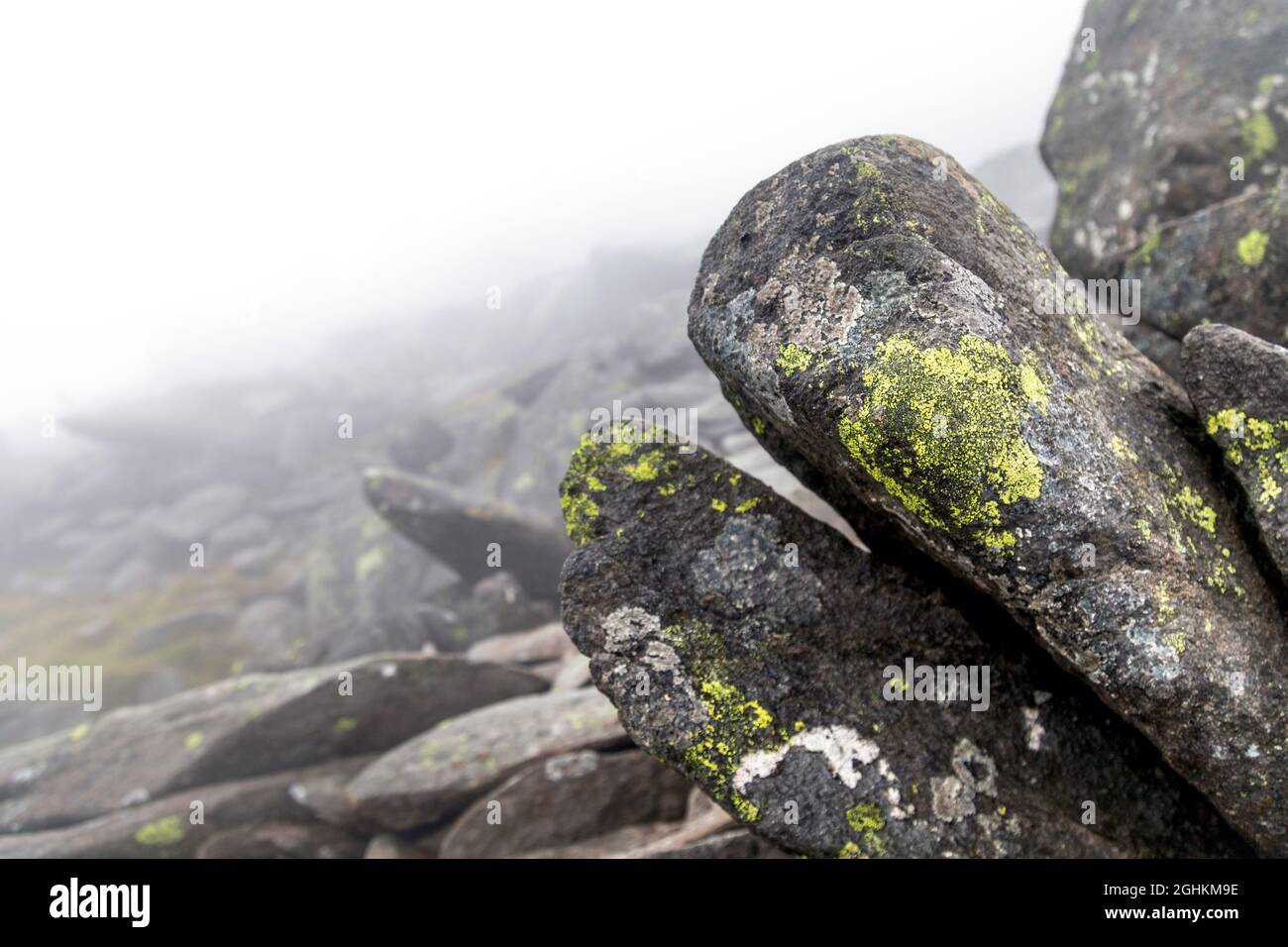 Große Felsbrocken auf felsigem Gelände rund um den Gipfel von Glyder Fach, Cwm Idwal, Snowdonia, Wales, Großbritannien Stockfoto
