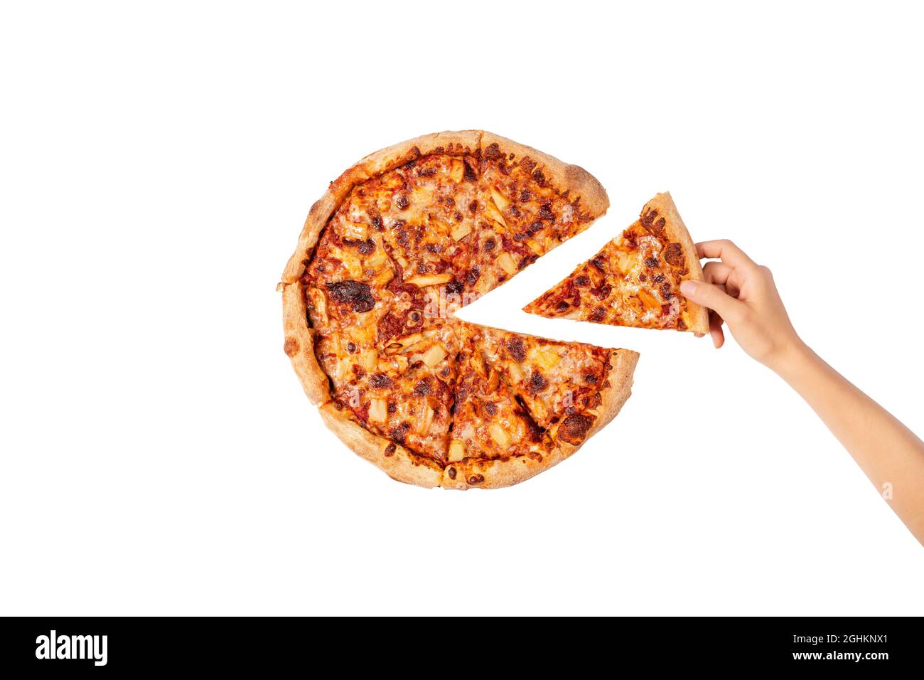 Hand nehmen ein Stück Pizza. Große Hawaii Pizza ohne ein Stück. Blick von  oben auf Hawaii Pizza. Konzept für italienisches Essen, Street Food, Fast  Food, schnell Stockfotografie - Alamy